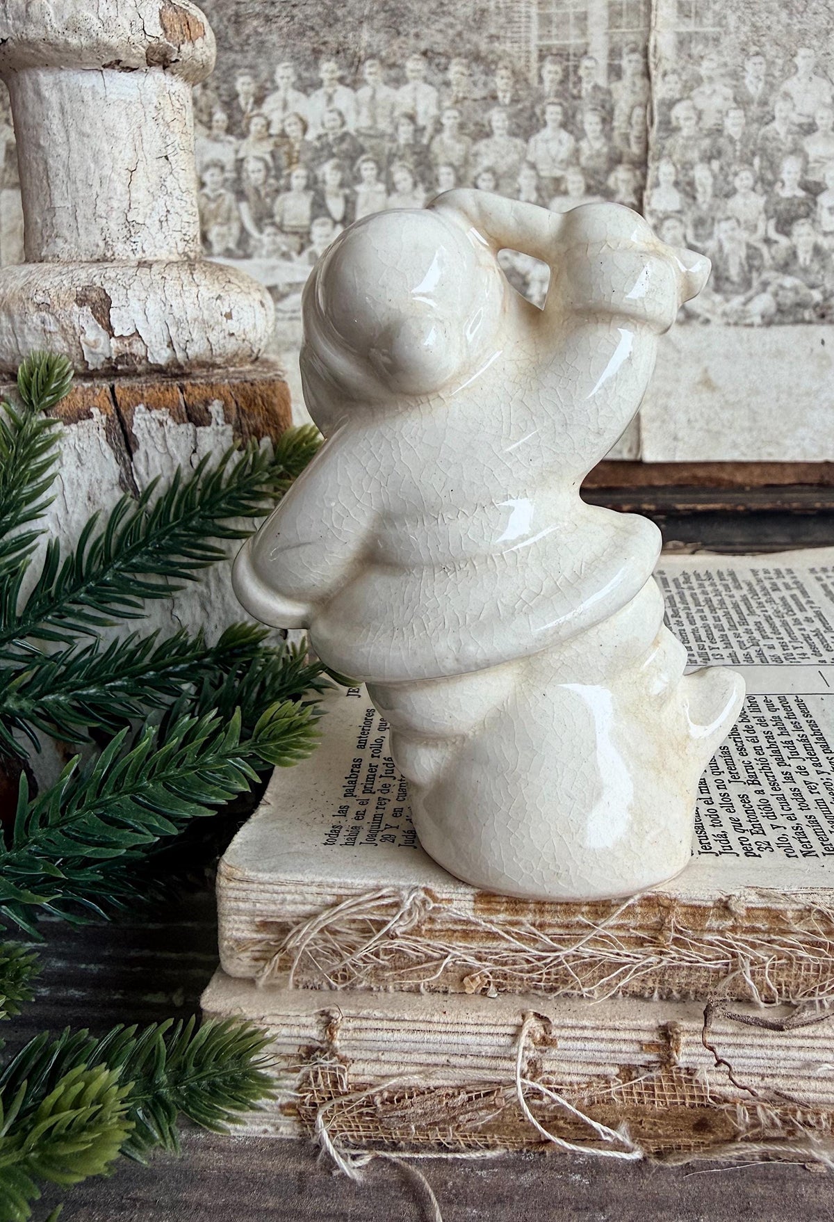 Vintage Ironstone Santa Claus Salt Shaker Creamy WHITE Farmhouse Christmas Decor Candy Cane Stained Crazing