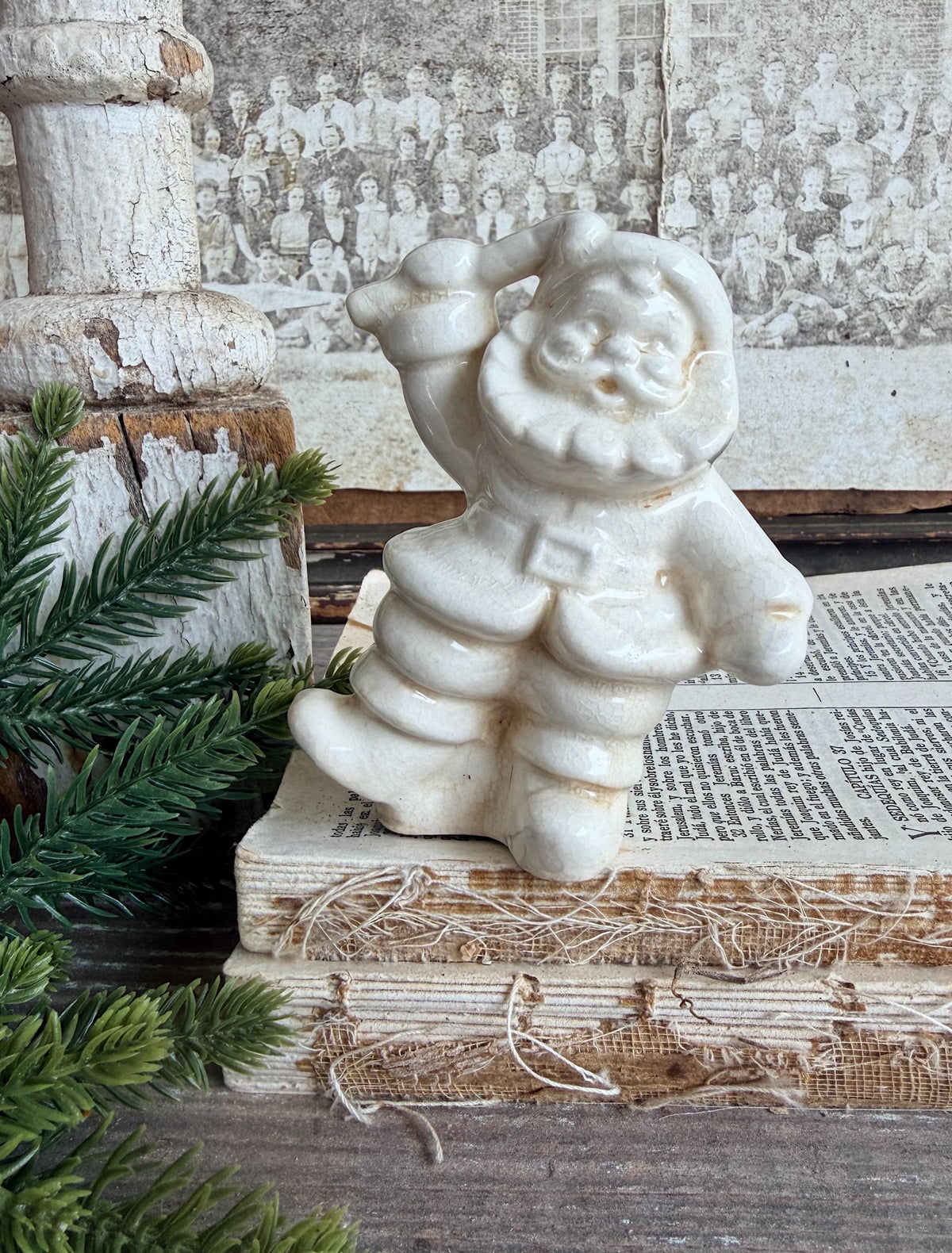 Vintage Ironstone Santa Claus Salt Shaker Creamy WHITE Farmhouse Christmas Decor Candy Cane Stained Crazing