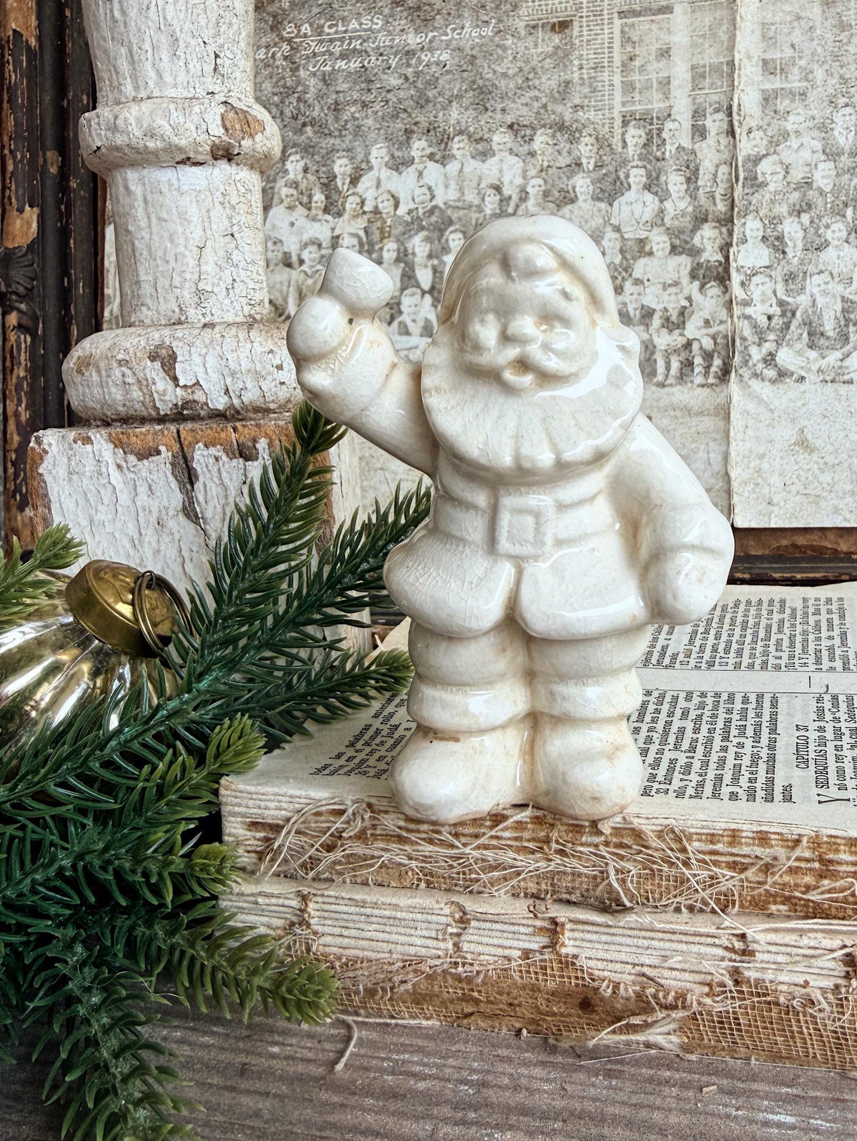 Vintage Ironstone Santa Claus Salt Shaker Creamy WHITE Farmhouse Christmas Decor Bell Stained Crazing