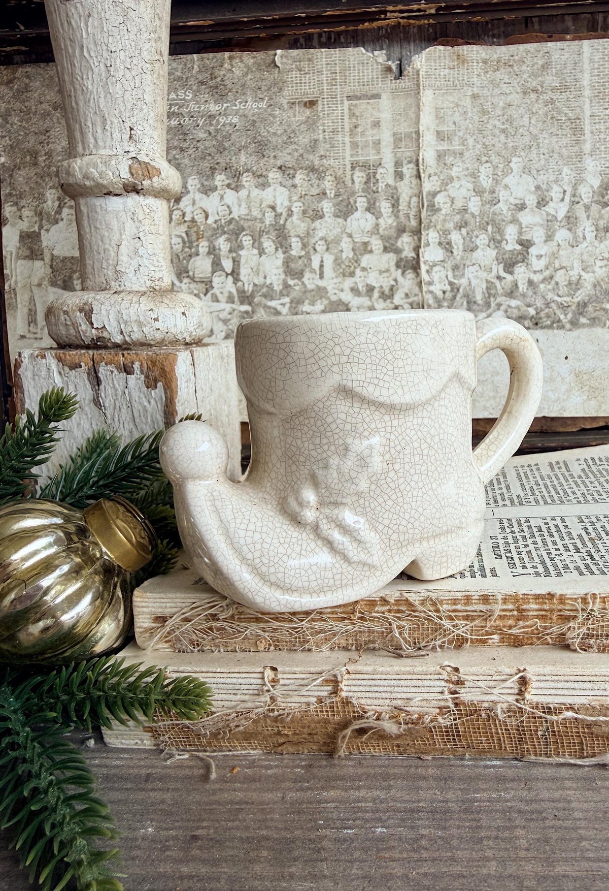 Vintage Ironstone Elf BOOT Cup Mug FULL SIZE Creamy White Santa Farmhouse Christmas Decor Rare Japan Crazing Crazed