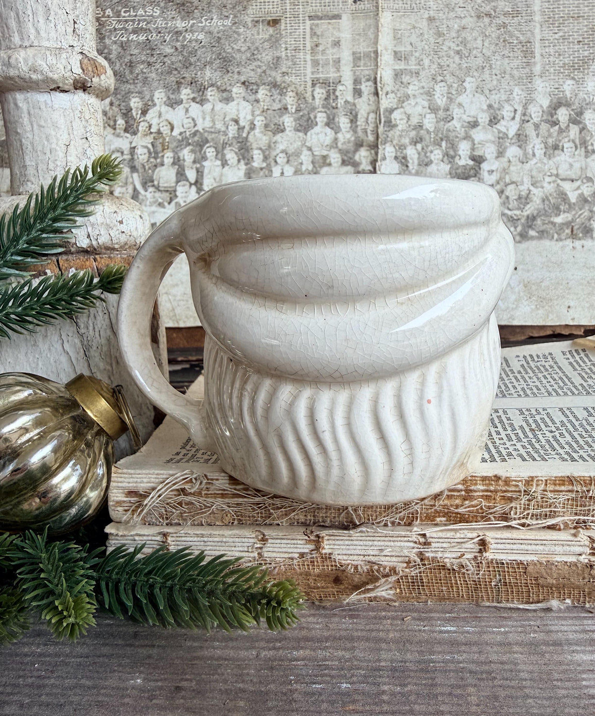 Vintage Ironstone Santa Claus Cup Mug FULL SIZE Creamy White Santa Farmhouse Christmas Decor RARE Japan Crazing Grungy Crazed