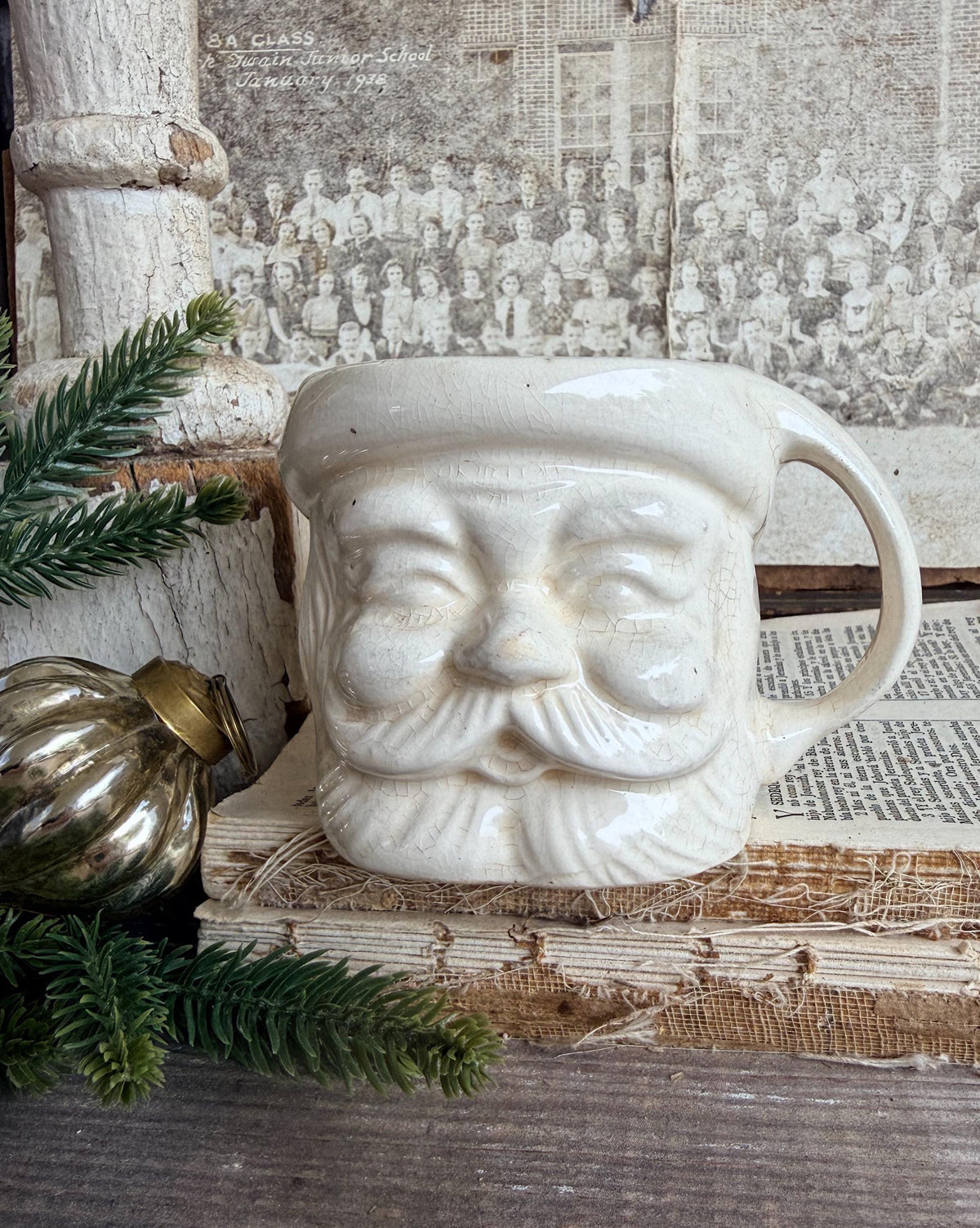 Vintage Ironstone Santa Claus Cup Mug FULL SIZE Creamy White Santa Farmhouse Christmas Decor RARE Japan Crazing Grungy Crazed
