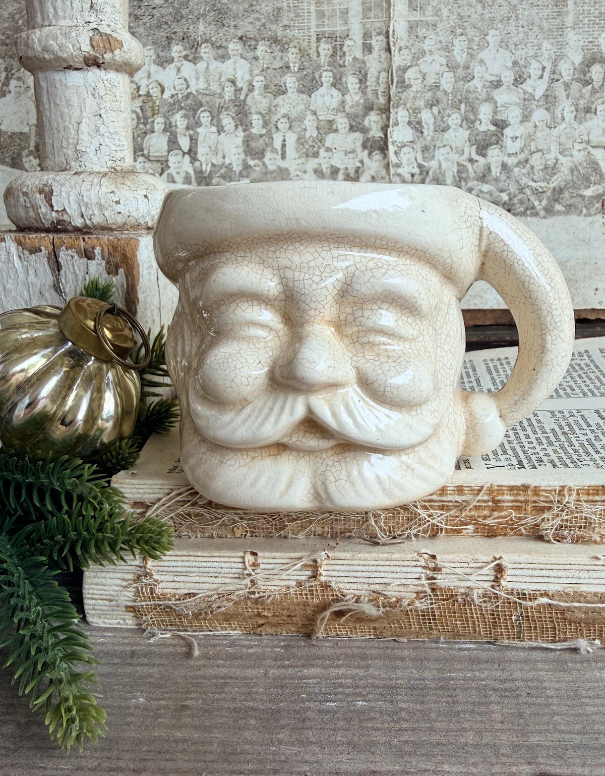 Vintage Ironstone Santa Claus Cup Mug FULL SIZE Creamy White Santa Farmhouse Christmas Decor RARE Japan Crazing Grungy Crazed