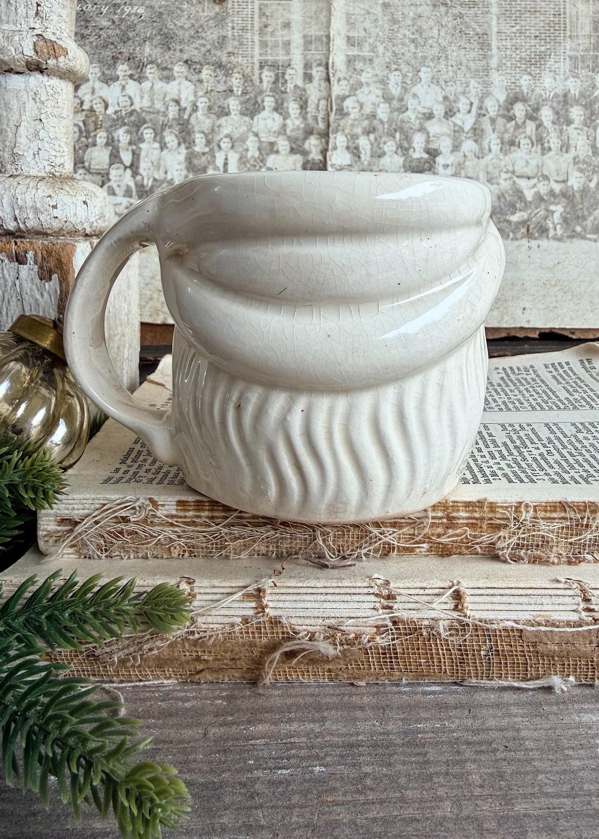 Vintage Ironstone Santa Claus Cup Mug FULL SIZE Creamy White Santa Farmhouse Christmas Decor RARE Japan Crazing Grungy Crazed
