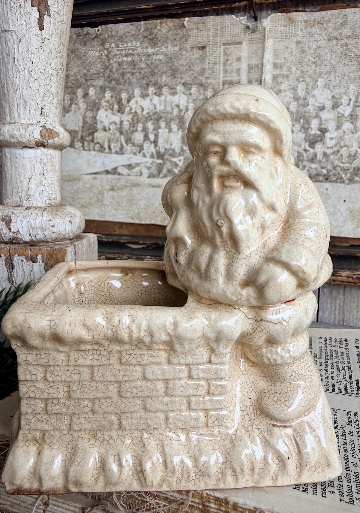 Vintage SANTA CHIMNEY PLANTER Creamy White Ironstone Crazing Grungy Ceramic Container Farmhouse Christmas Decor Japan
