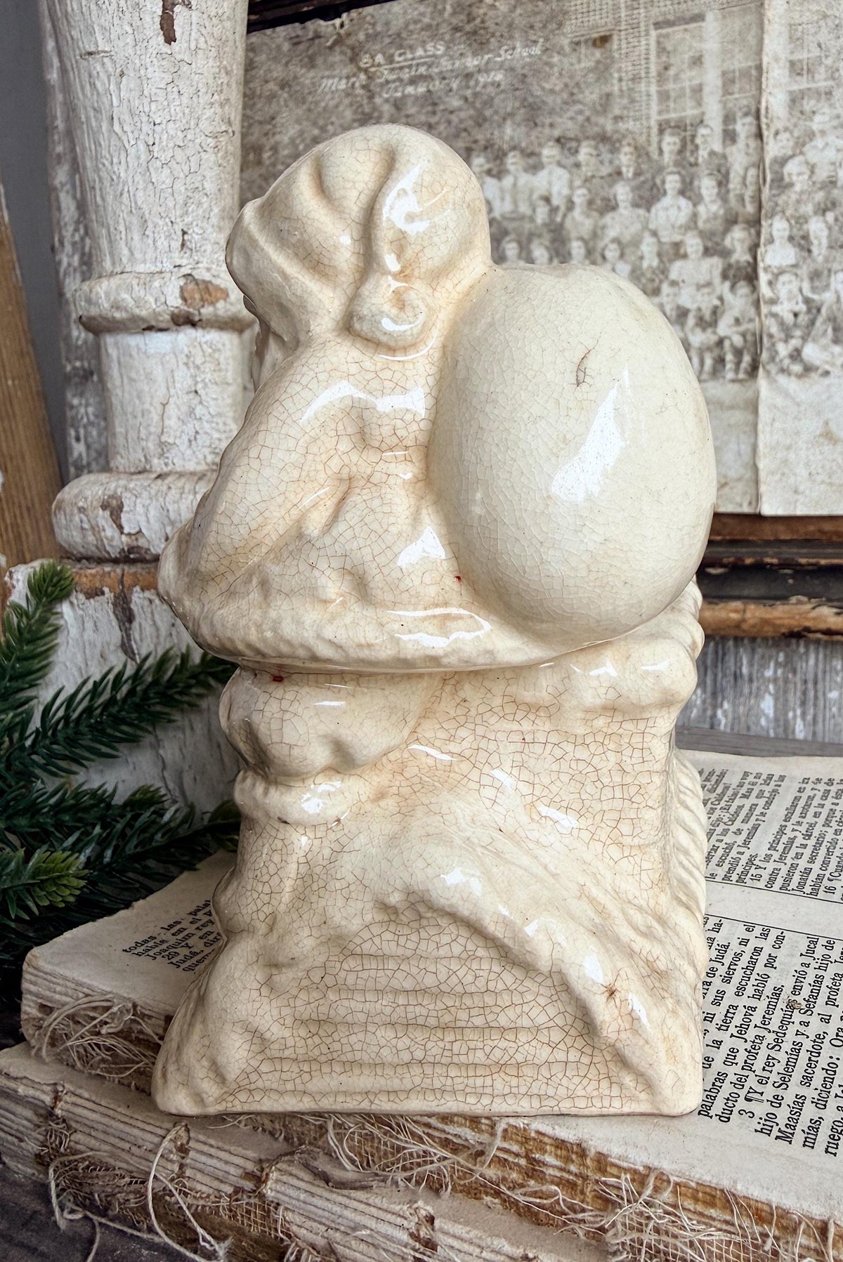 Vintage SANTA CHIMNEY PLANTER Creamy White Ironstone Crazing Grungy Ceramic Container Farmhouse Christmas Decor Japan