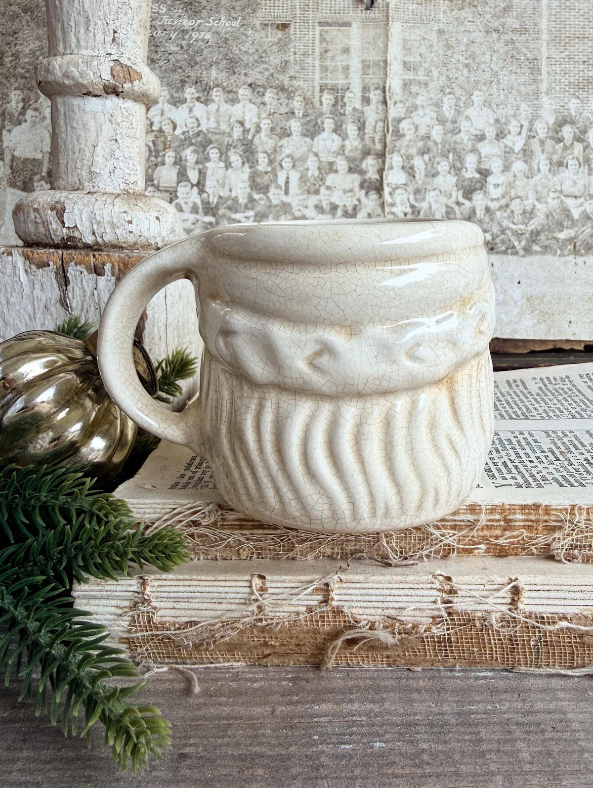 Vintage Ironstone Santa Claus Cup Mug FULL SIZE Creamy White Santa Farmhouse Christmas Decor RARE Japan Crazing Grungy Crazed