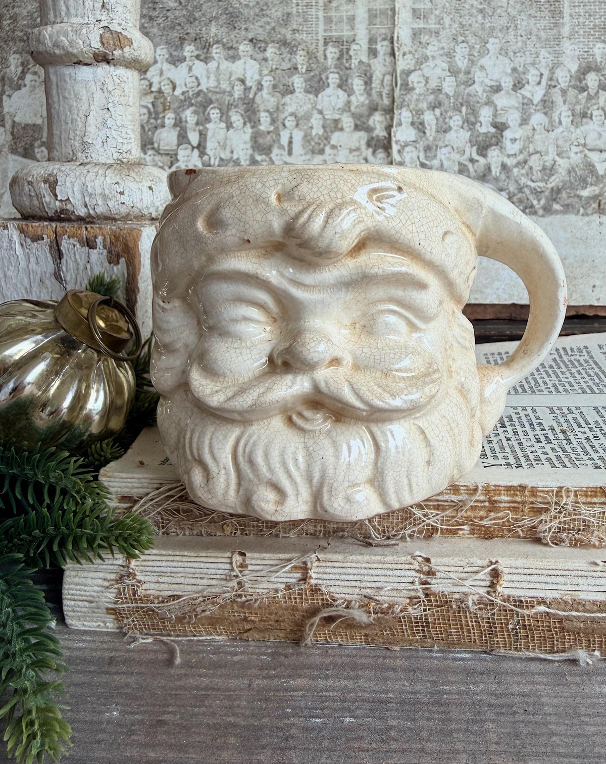 Vintage Ironstone Santa Claus Cup Mug FULL SIZE Creamy White Santa Farmhouse Christmas Decor RARE Japan Crazing Grungy Crazed