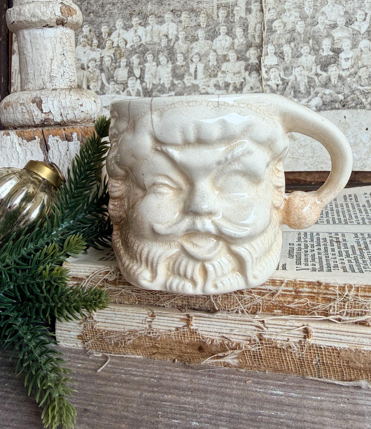 Vintage Ironstone Santa Claus Cup Mug FULL SIZE Creamy White Santa Farmhouse Christmas Decor RARE Japan Crazing Grungy Crazed