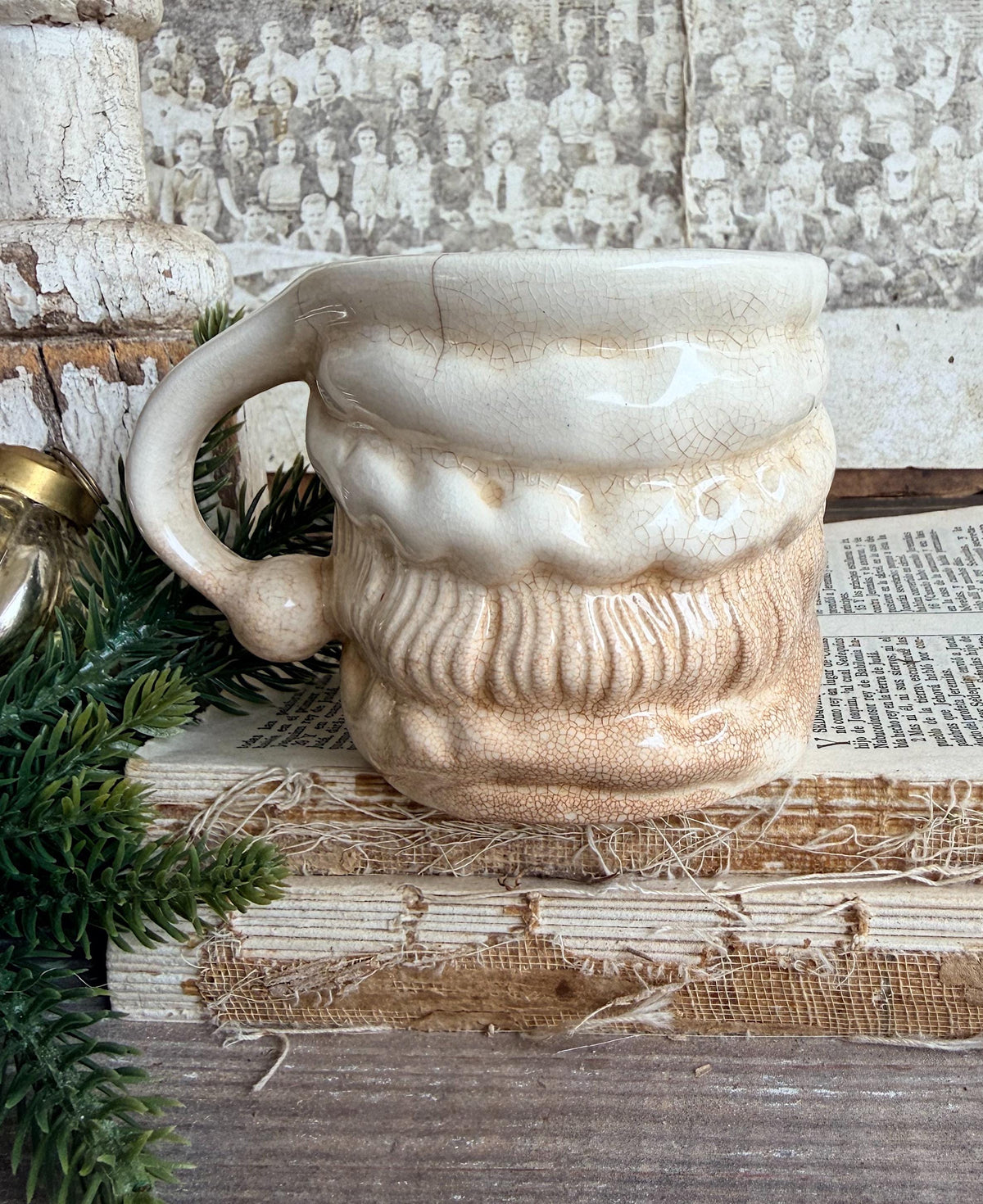 Vintage Ironstone Santa Claus Cup Mug FULL SIZE Creamy White Santa Farmhouse Christmas Decor RARE Japan Crazing Grungy Crazed