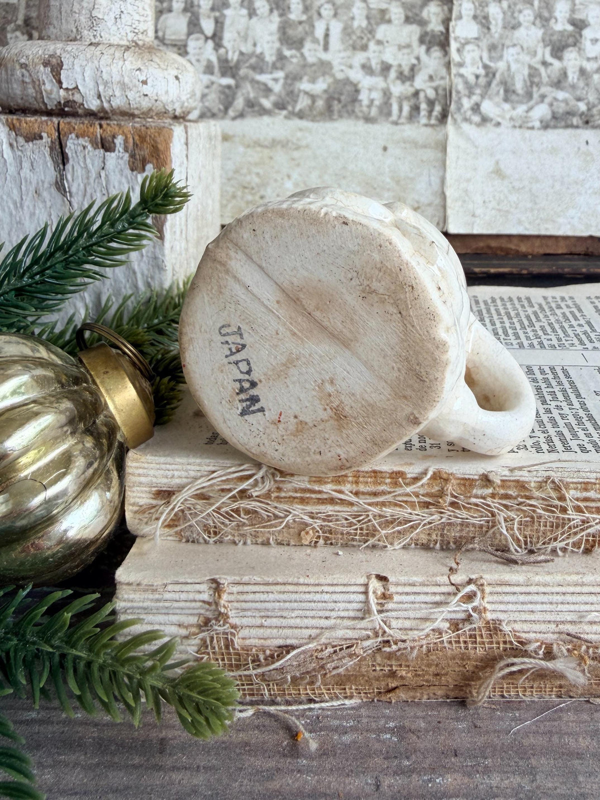 Vintage Ironstone Santa Claus Cup Mini Mug Santa Crazed Stained WHITE Farmhouse Christmas Decor JAPAN