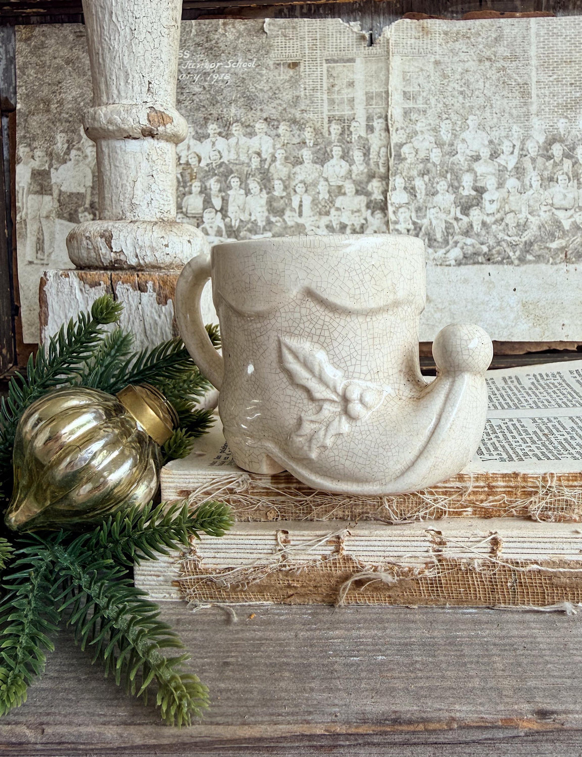 Vintage Ironstone Elf BOOT Cup Mug FULL SIZE Creamy White Santa Farmhouse Christmas Decor Rare Japan Crazing Crazed