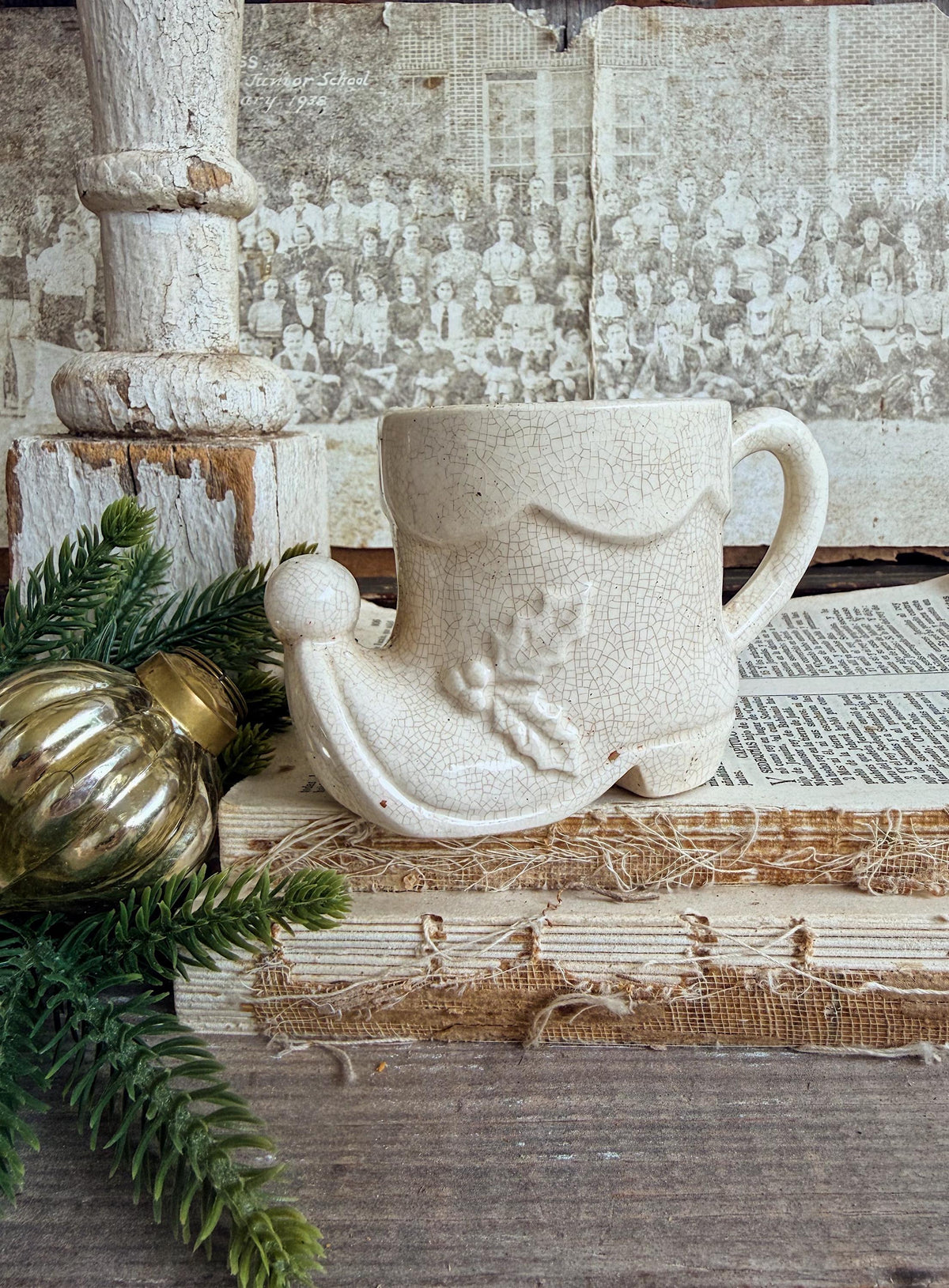 Vintage Ironstone Elf BOOT Cup Mug FULL SIZE Creamy White Santa Farmhouse Christmas Decor Rare Japan Crazing Crazed