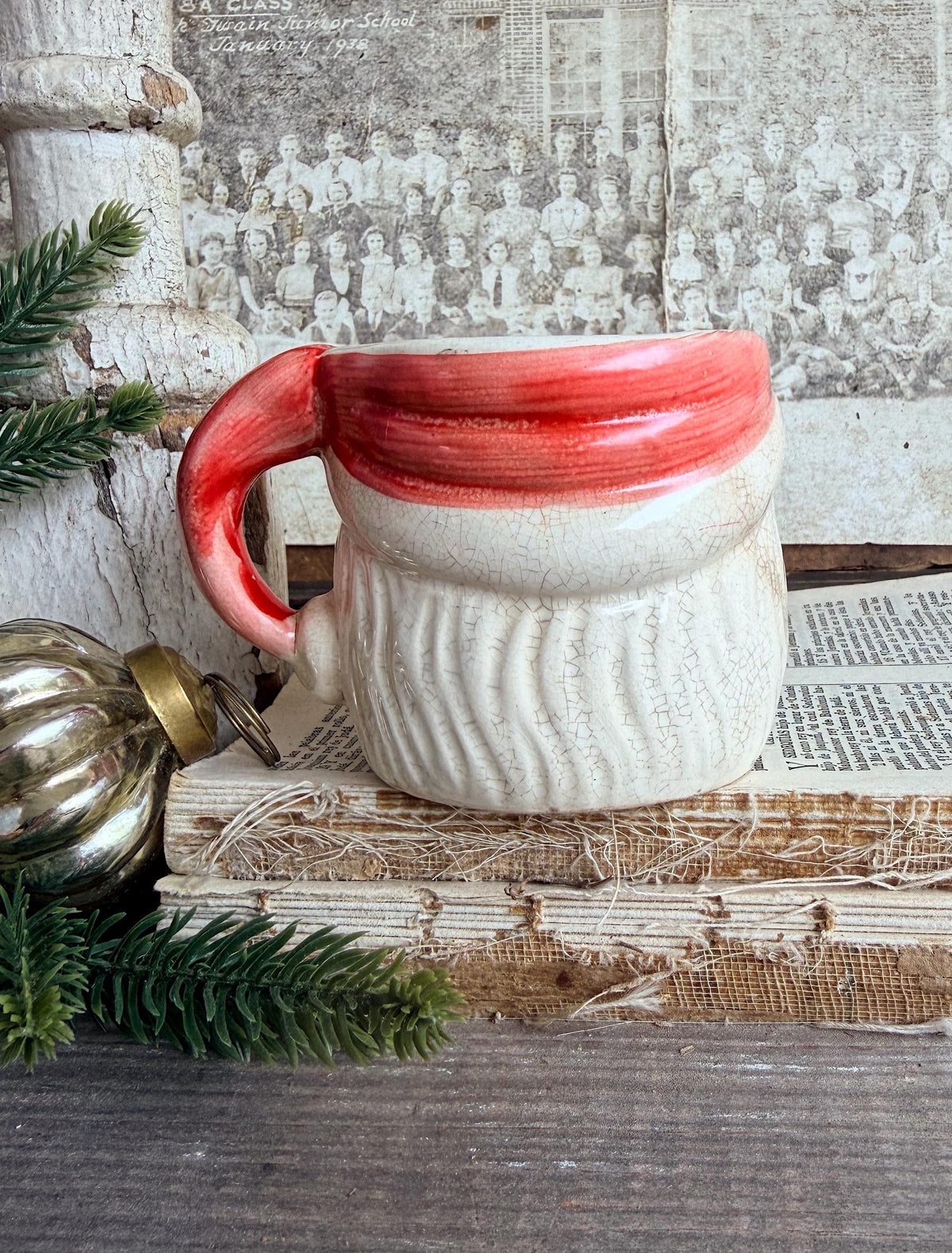 Vintage Ironstone Santa Claus Cup Mug FULL SIZE Creamy White Red Painted Farmhouse Christmas Decor RARE Japan Grungy Heavily Crazed