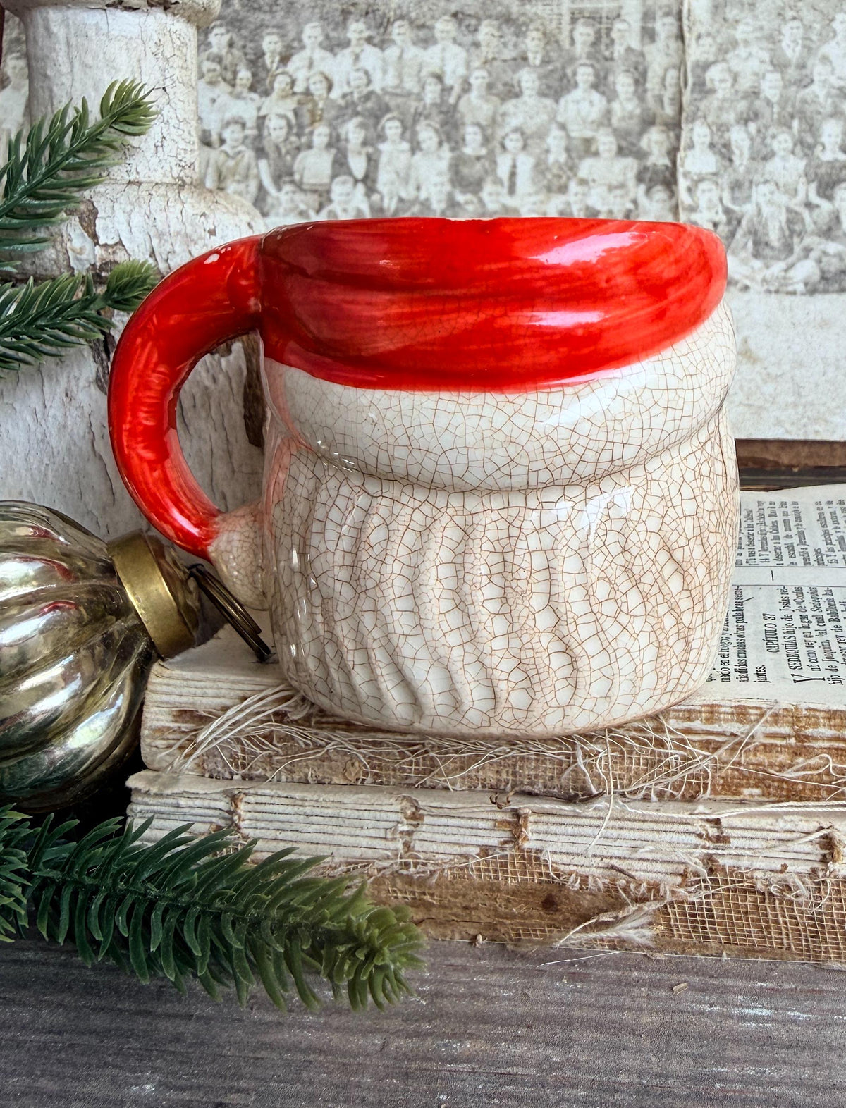 Vintage Ironstone Santa Claus Cup Mug FULL SIZE Creamy White Red Painted Farmhouse Christmas Decor RARE Japan Grungy Heavily Crazed