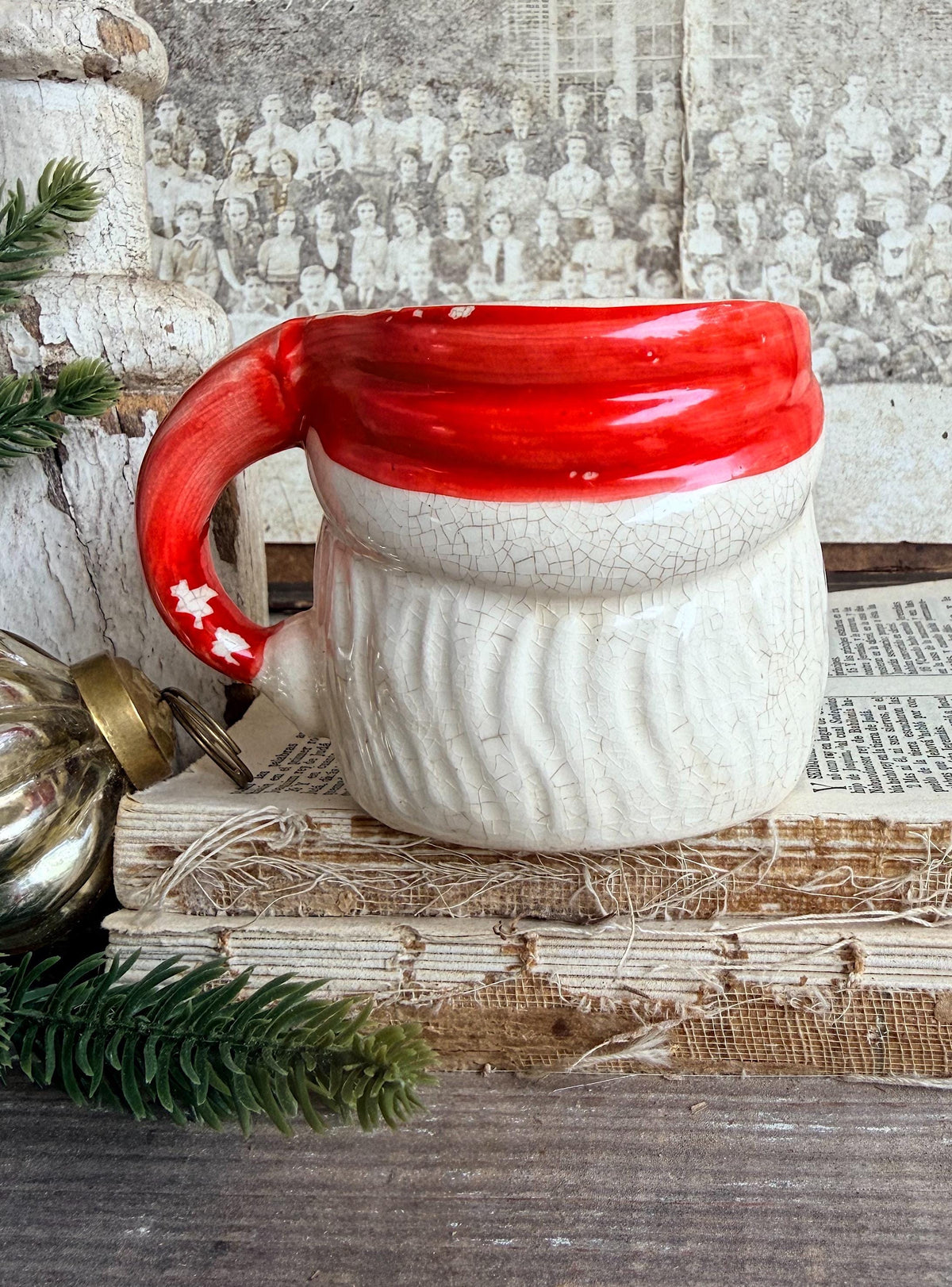 Vintage Ironstone Santa Claus Cup Mug FULL SIZE Creamy White Red Painted Farmhouse Christmas Decor RARE Japan Grungy Heavily Crazed