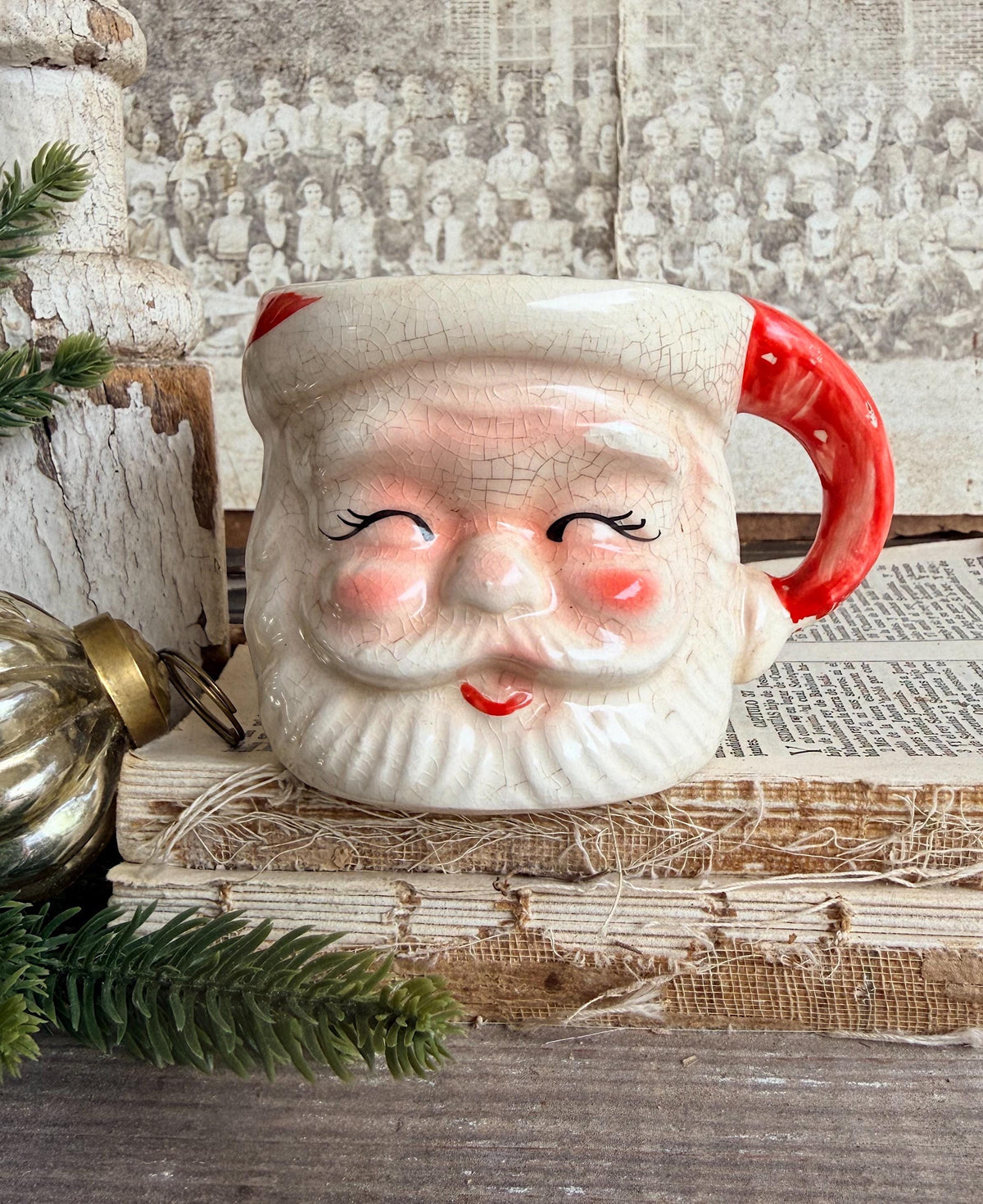 Vintage Ironstone Santa Claus Cup Mug FULL SIZE Creamy White Red Painted Farmhouse Christmas Decor RARE Japan Grungy Heavily Crazed