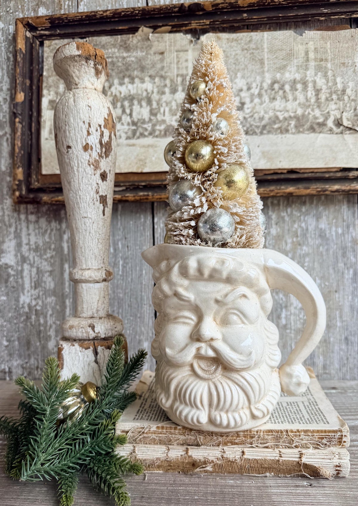 Vintage Ironstone Santa Claus Pitcher LARGE Creamy White Farmhouse Christmas Decor Rare Paintless Grungy Stained Crazed INARCO JAPAN 1959