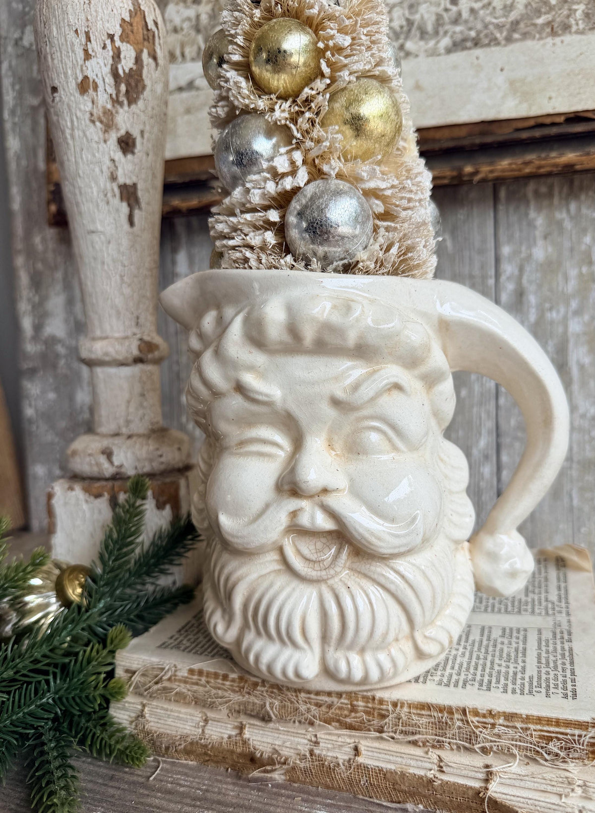 Vintage Ironstone Santa Claus Pitcher LARGE Creamy White Farmhouse Christmas Decor Rare Paintless Grungy Stained Crazed INARCO JAPAN 1959