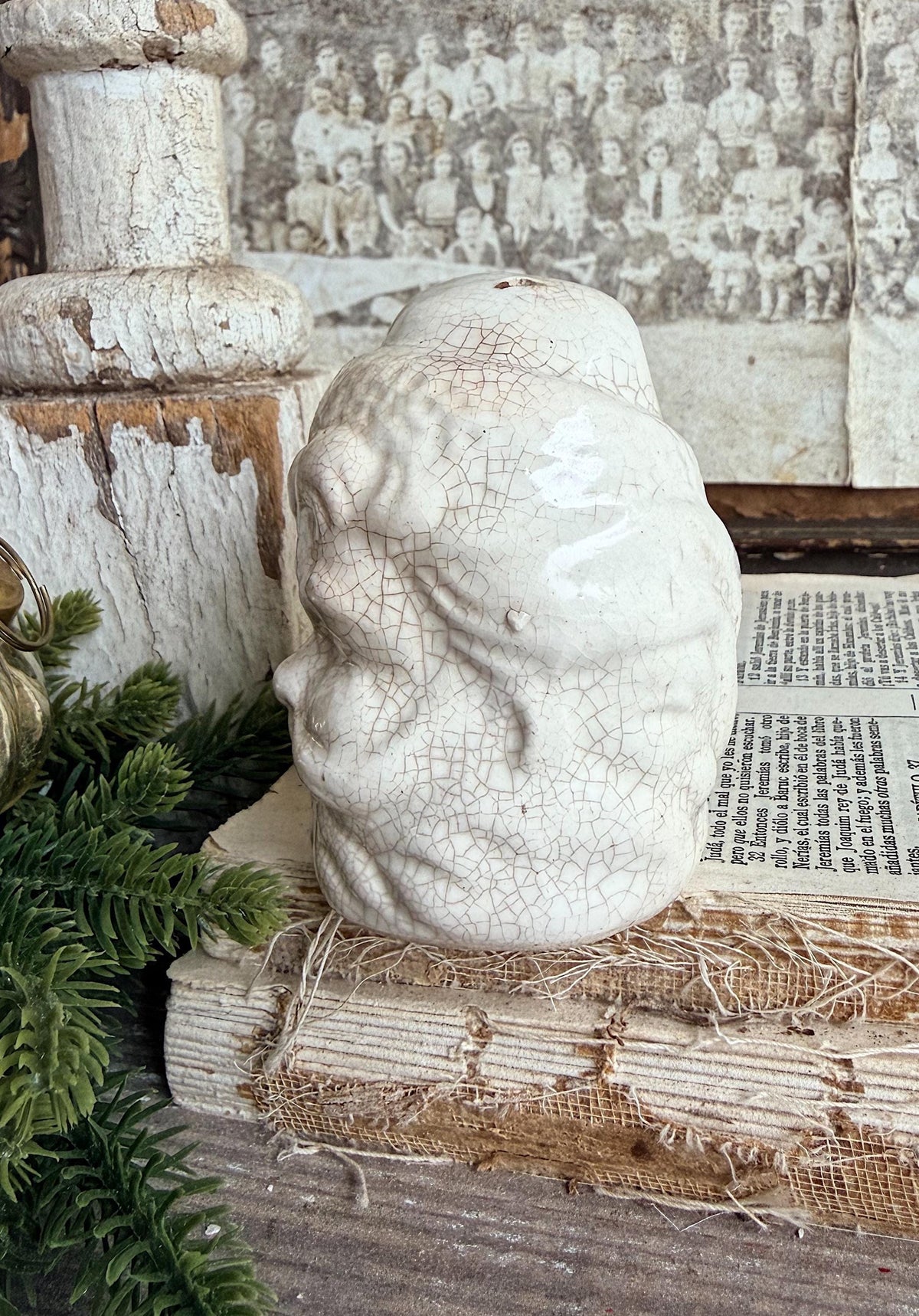 Vintage Ironstone Santa Claus Salt Shaker Creamy WHITE Crazed Stained Farmhouse Christmas Decor