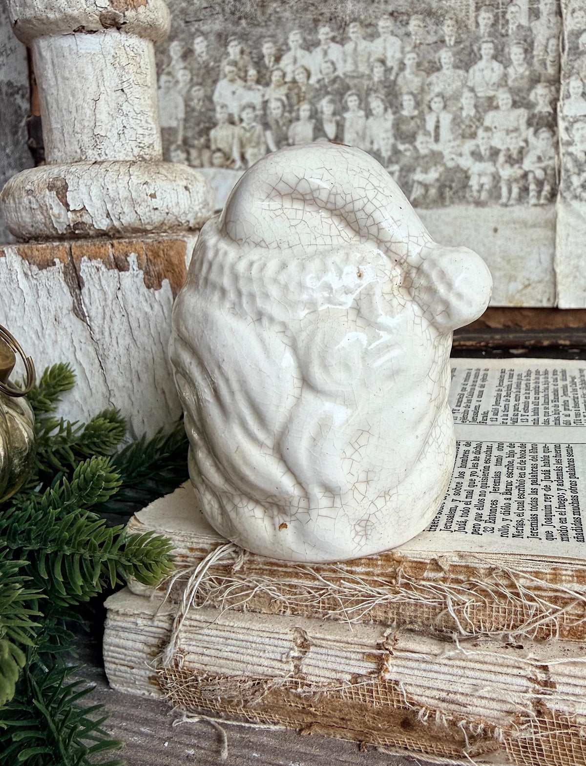 Vintage Ironstone Santa Claus Salt Shaker Creamy WHITE Crazed Stained Farmhouse Christmas Decor