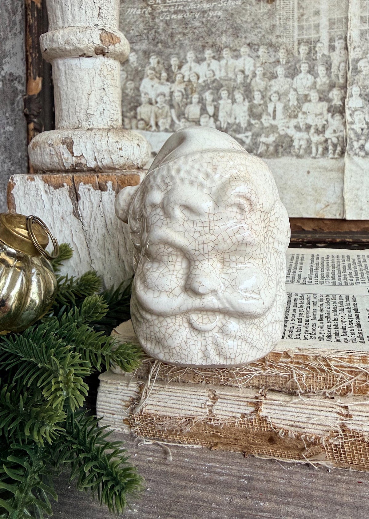 Vintage Ironstone Santa Claus Salt Shaker Creamy WHITE Crazed Stained Farmhouse Christmas Decor