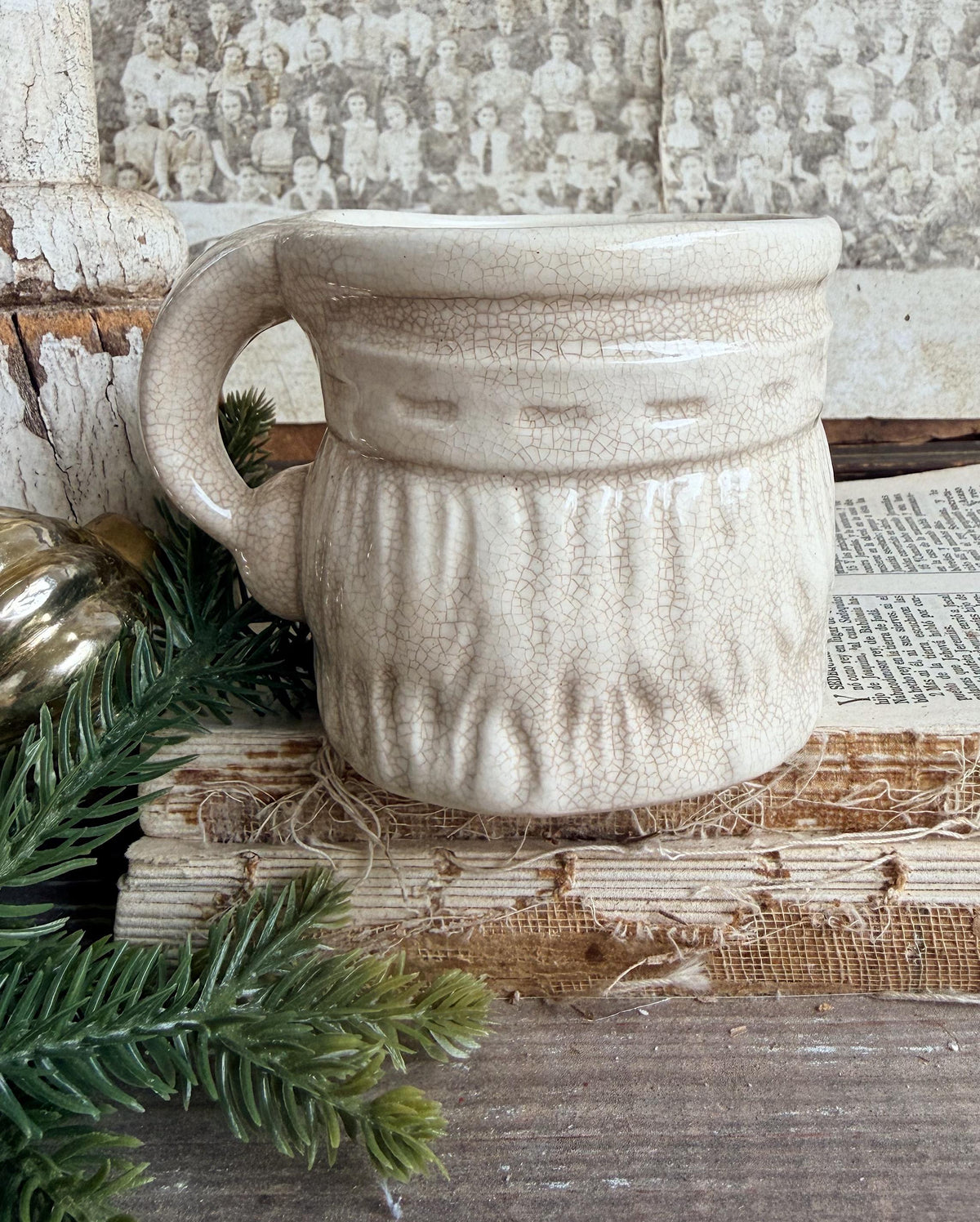 Vintage Ironstone Santa Claus Cup Mug FULL SIZE Creamy White Santa Farmhouse Christmas Decor RARE Japan Crazing Grungy Heavily Crazed