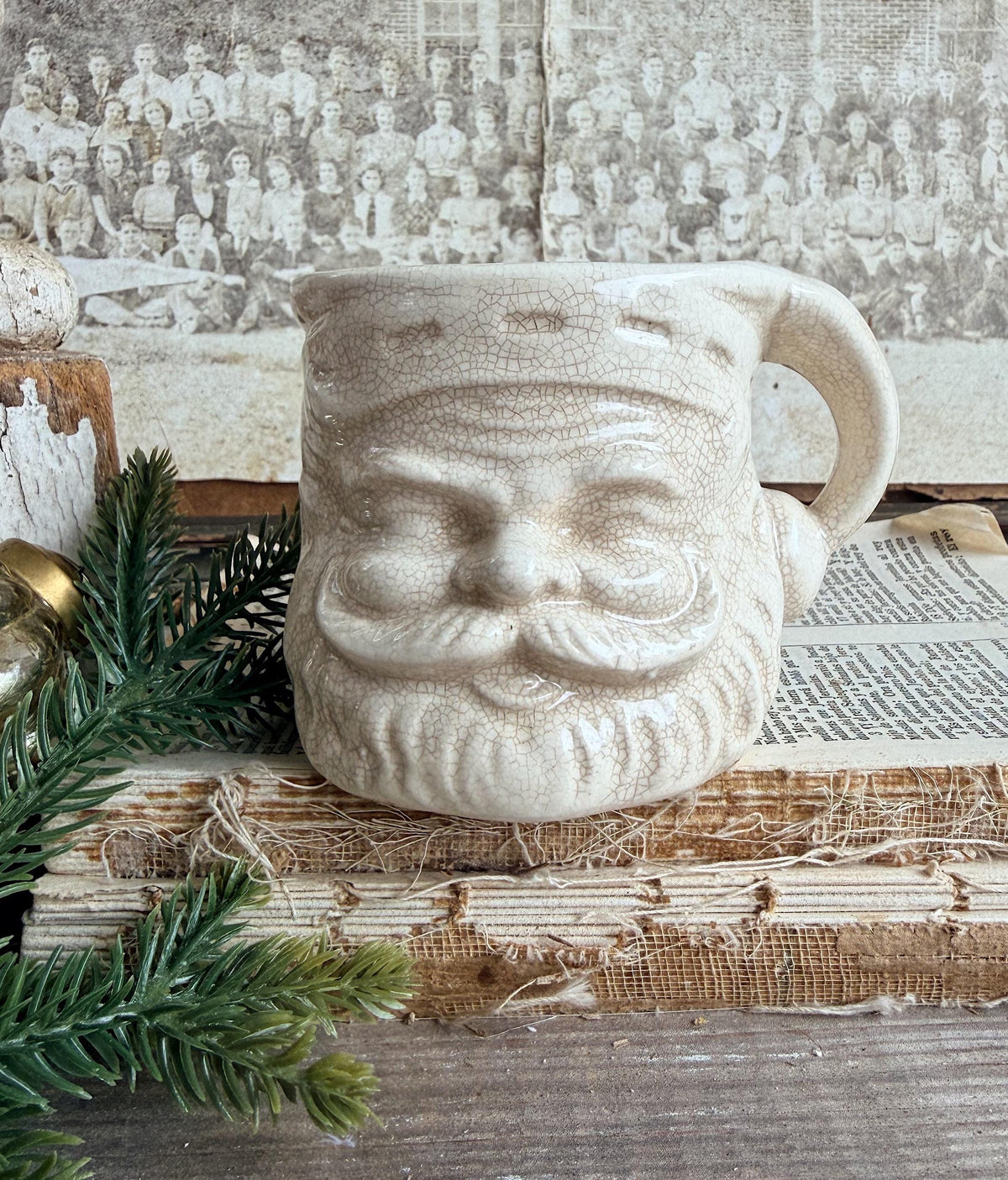 Vintage Ironstone Santa Claus Cup Mug FULL SIZE Creamy White Santa Farmhouse Christmas Decor RARE Japan Crazing Grungy Heavily Crazed