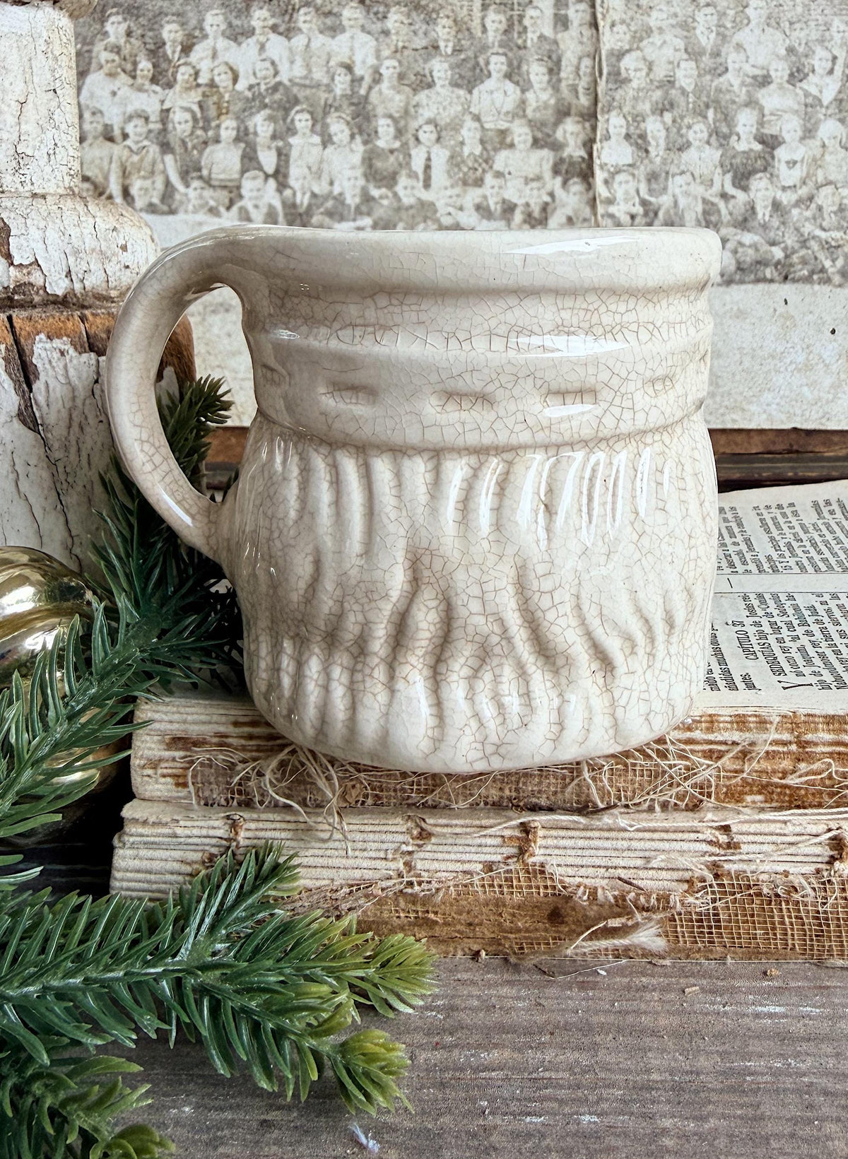 Vintage Ironstone Santa Claus Cup Mug FULL SIZE Creamy White Santa Farmhouse Christmas Decor RARE Japan Crazing Grungy Heavily Crazed