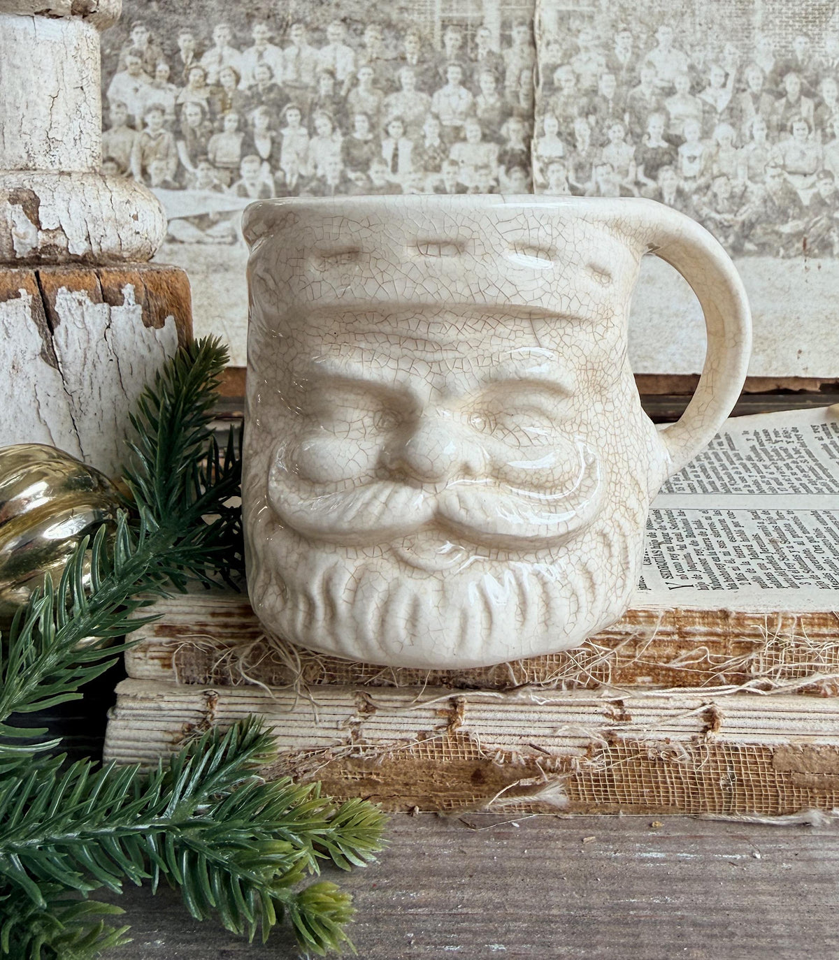 Vintage Ironstone Santa Claus Cup Mug FULL SIZE Creamy White Santa Farmhouse Christmas Decor RARE Japan Crazing Grungy Heavily Crazed
