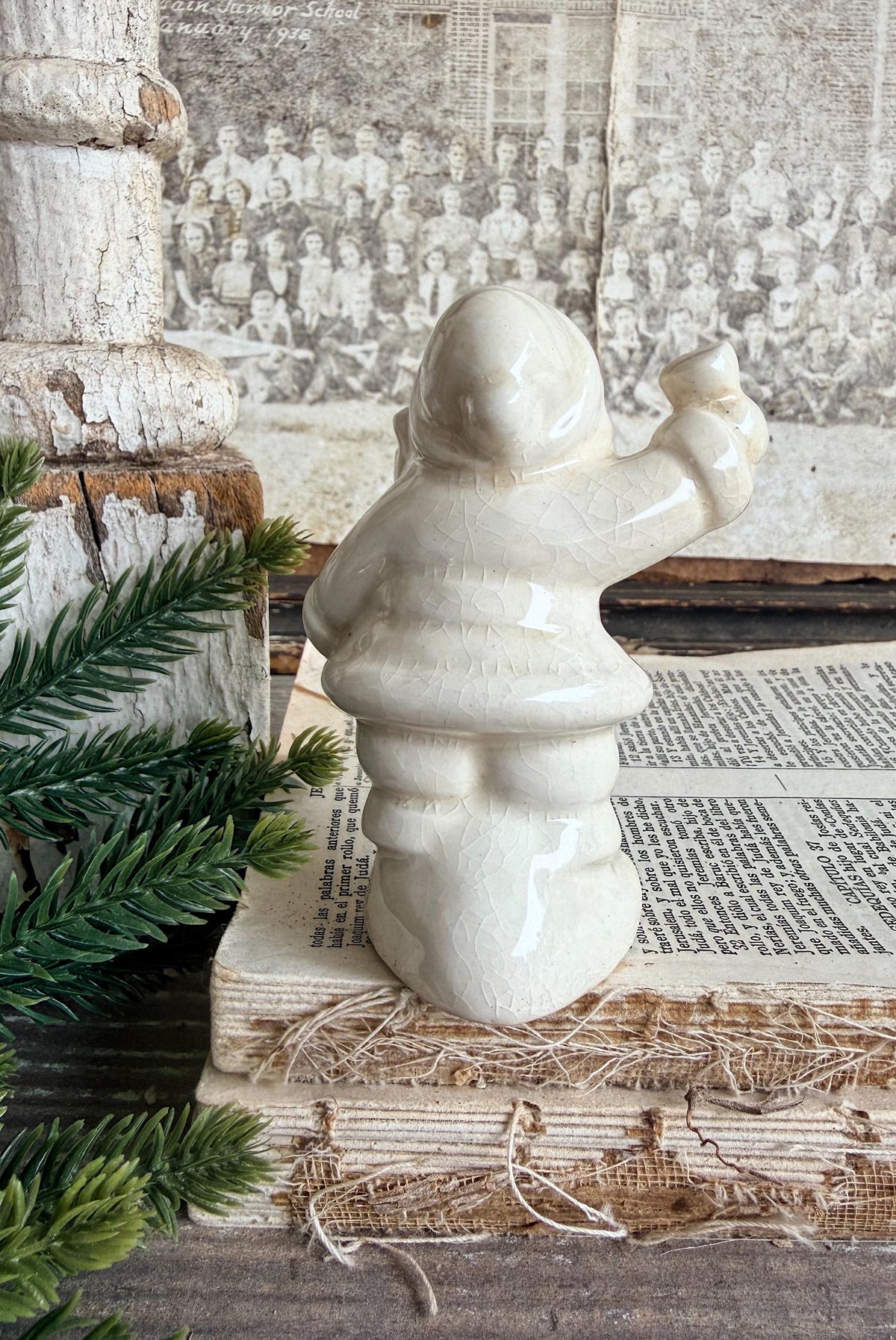 Vintage Ironstone Santa Claus Salt Shaker Creamy WHITE Farmhouse Christmas Decor Bell Stained Crazing
