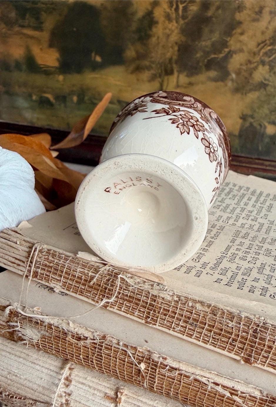 Antique Ironstone Egg Cup Brown Transferware Palissy