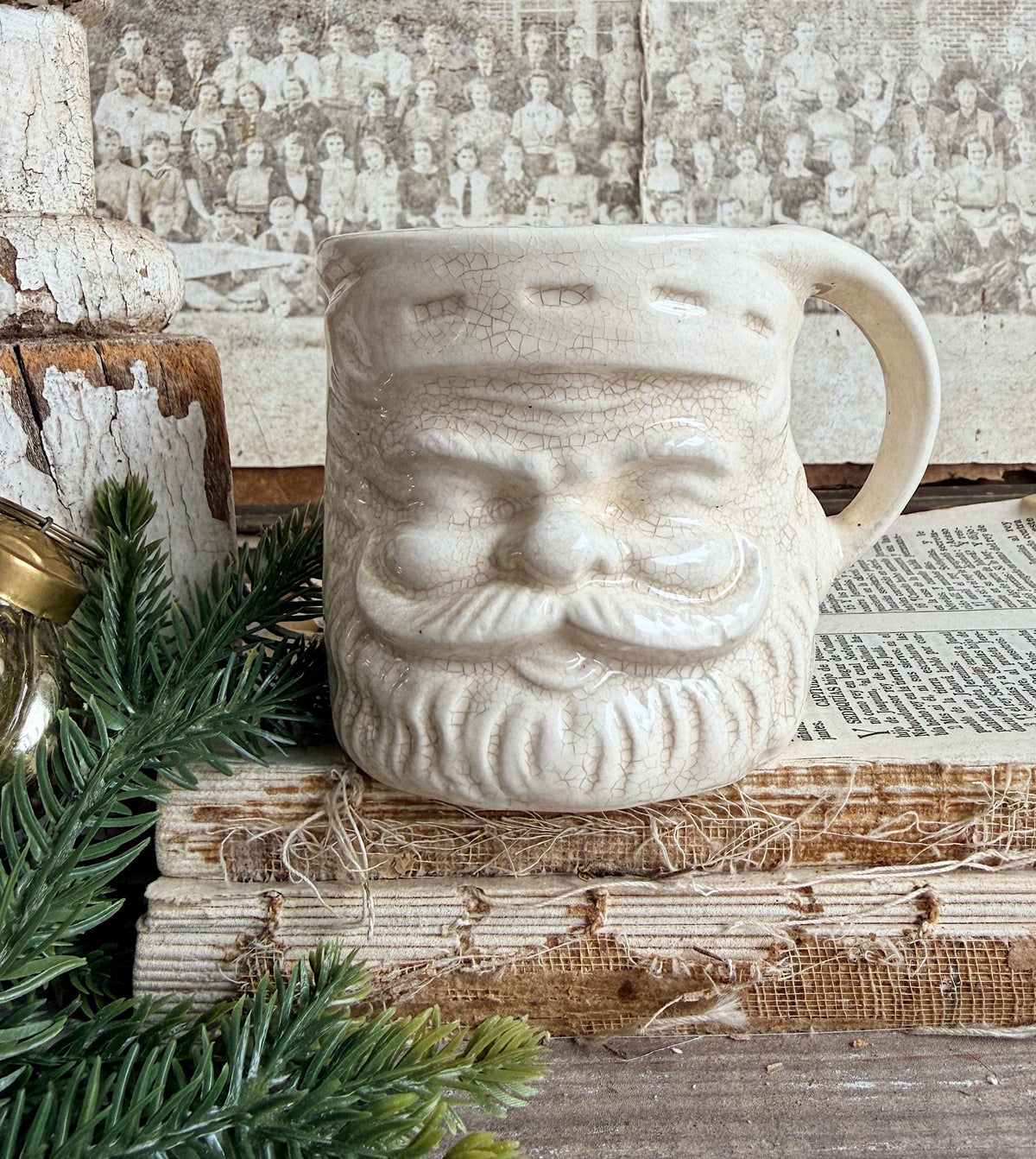 Vintage Ironstone Santa Claus Cup Mug FULL SIZE Creamy White Santa Farmhouse Christmas Decor RARE Japan Crazing Grungy Heavily Crazed