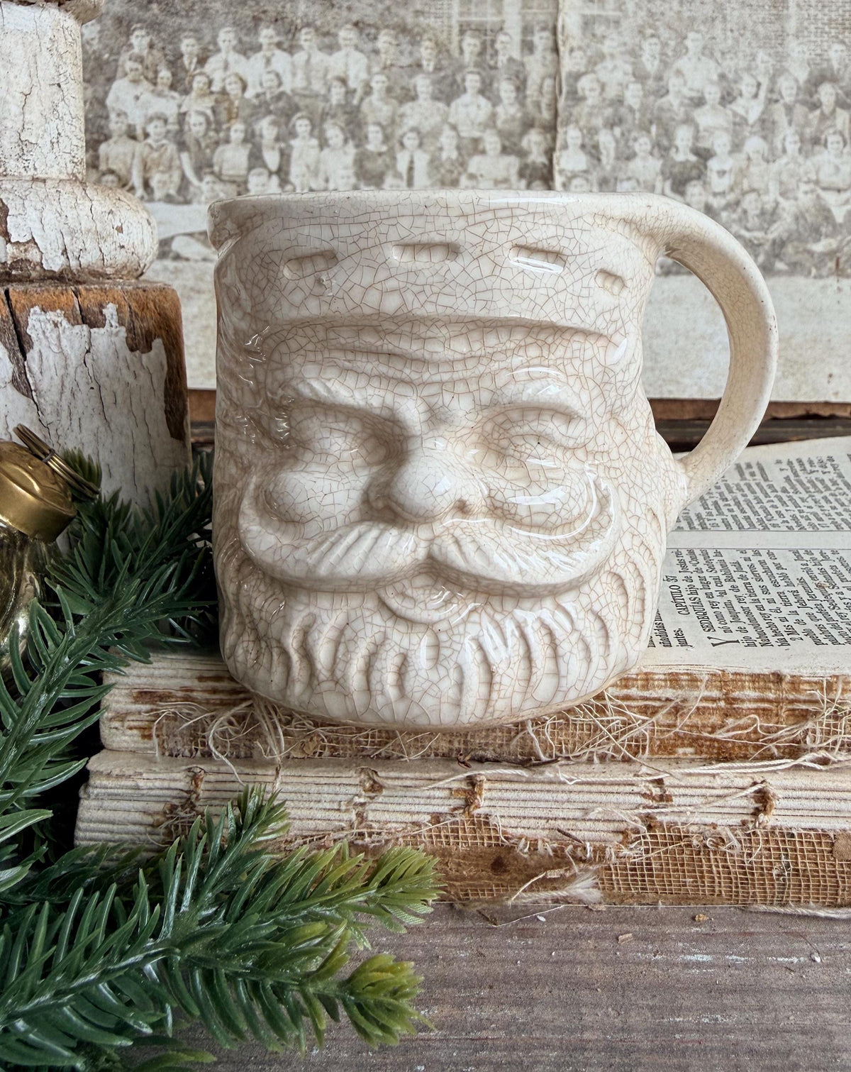Vintage Ironstone Santa Claus Cup Mug FULL SIZE Creamy White Santa Farmhouse Christmas Decor RARE Japan Crazing Grungy Heavily Crazed