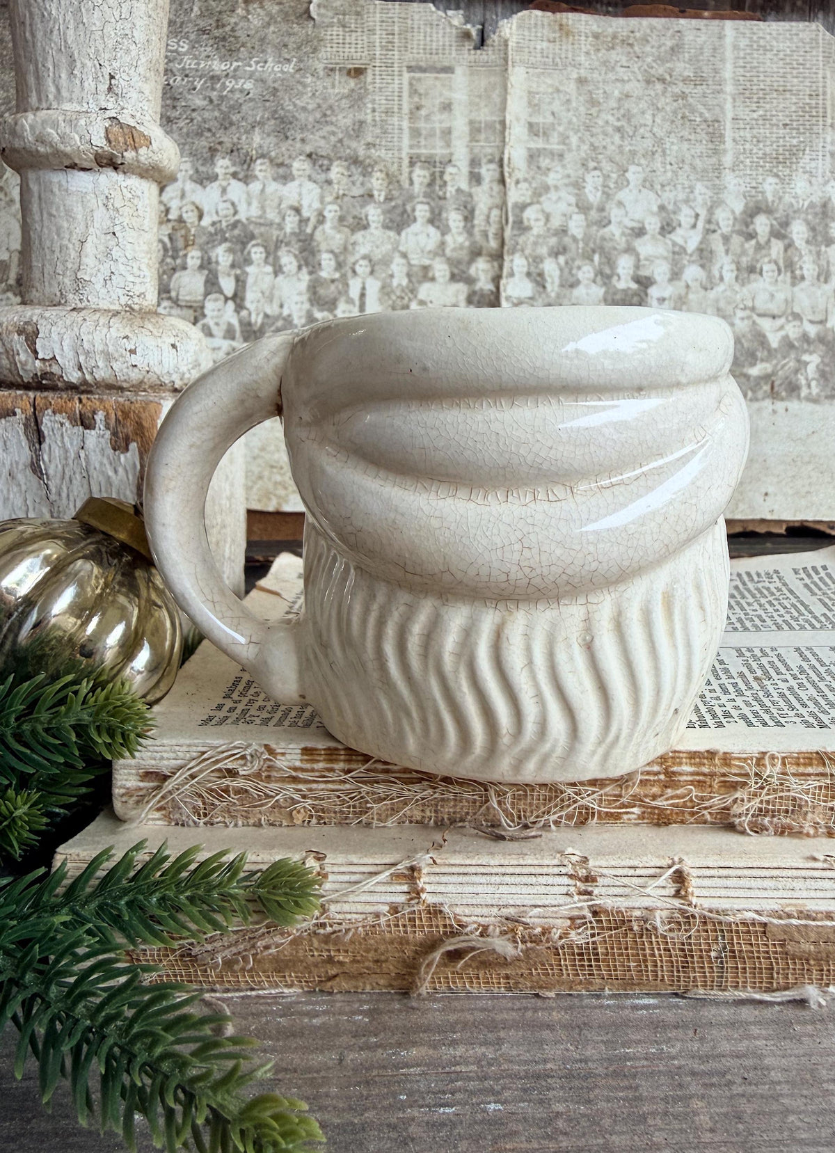 Vintage Ironstone Santa Claus Cup Mug FULL SIZE Creamy White Santa Farmhouse Christmas Decor RARE Japan Crazing Grungy Crazed