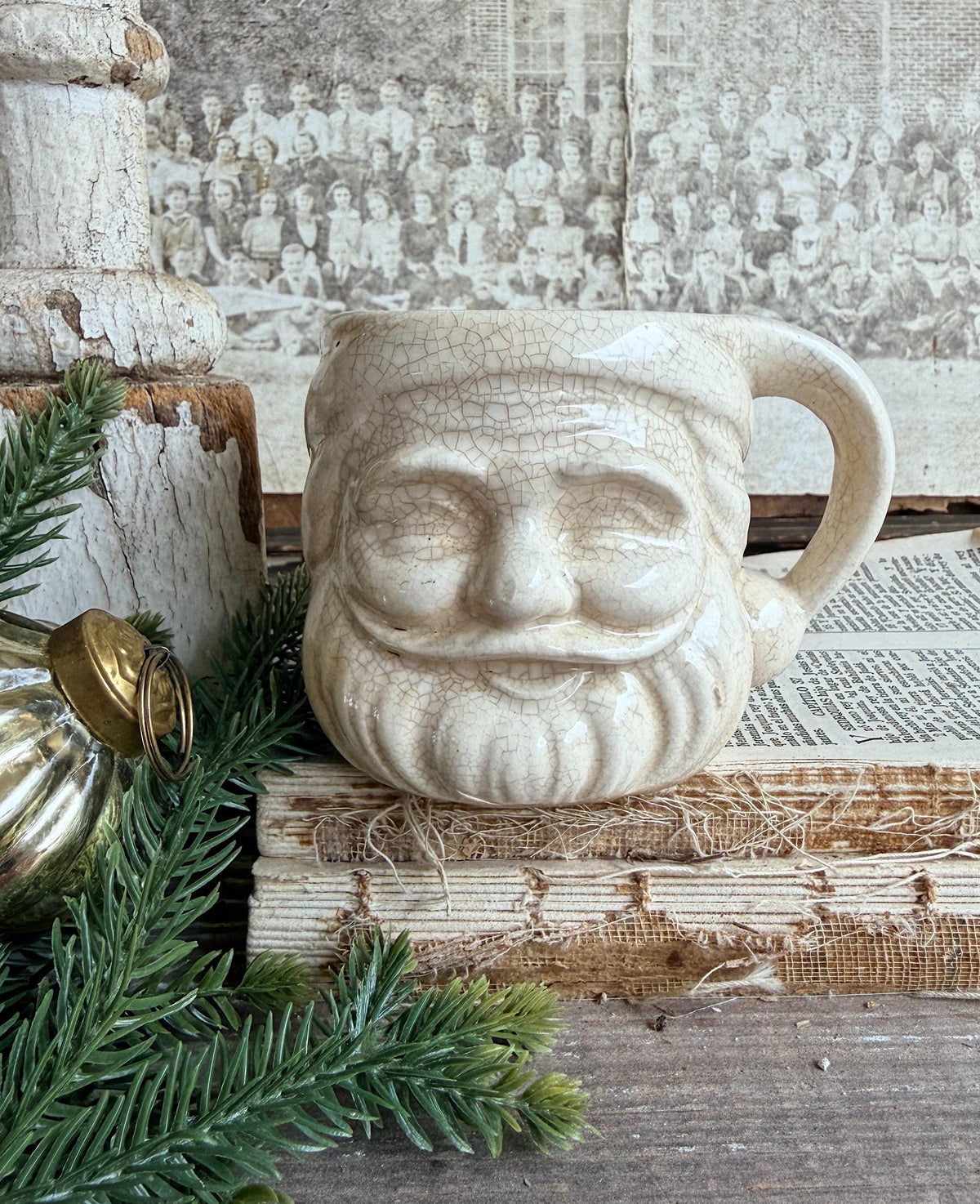 Vintage Ironstone Santa Claus Cup Mug FULL SIZE Creamy White Santa Farmhouse Christmas Decor RARE Japan Crazing Grungy Crazed