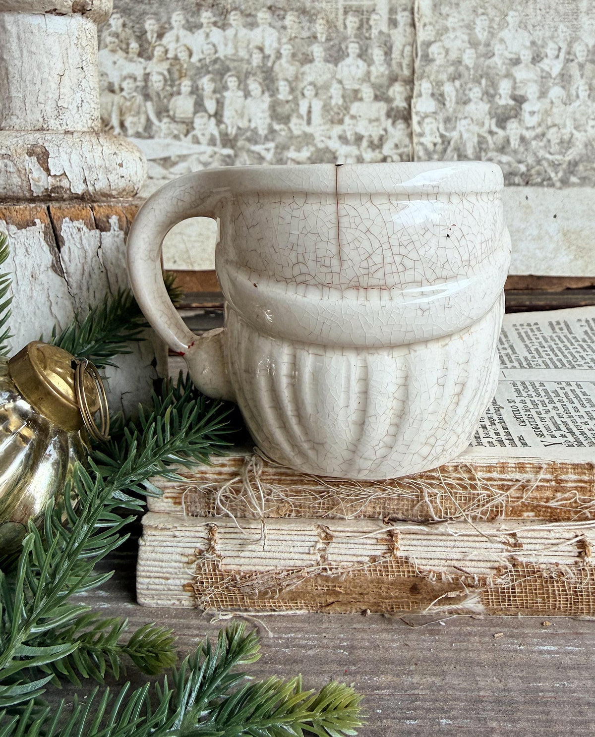Vintage Ironstone Santa Claus Cup Mug FULL SIZE Creamy White Santa Farmhouse Christmas Decor RARE Japan Crazing Grungy Crazed
