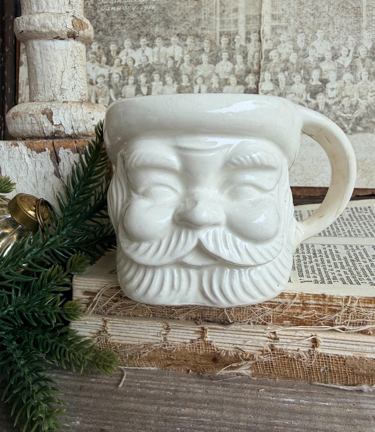 Vintage WHITE Ironstone Santa Mug FULL SIZE Cup Farmhouse Christmas Decor Japan