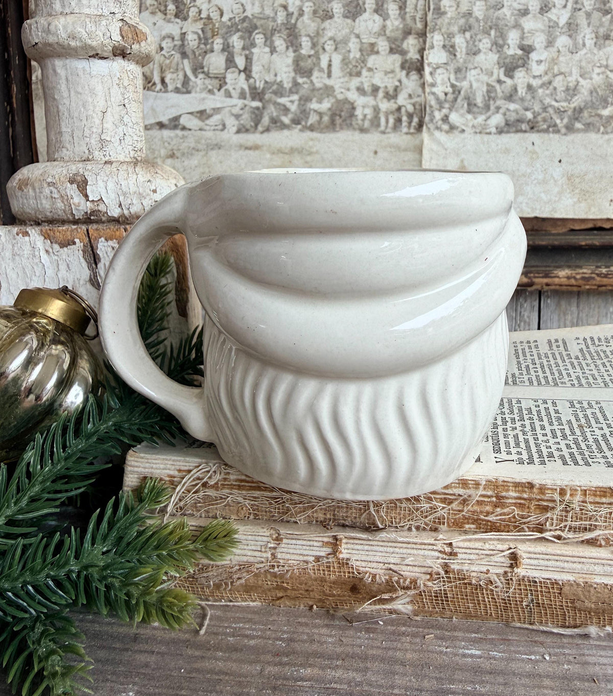 Vintage WHITE Ironstone Santa Mug FULL SIZE Cup Farmhouse Christmas Decor Japan