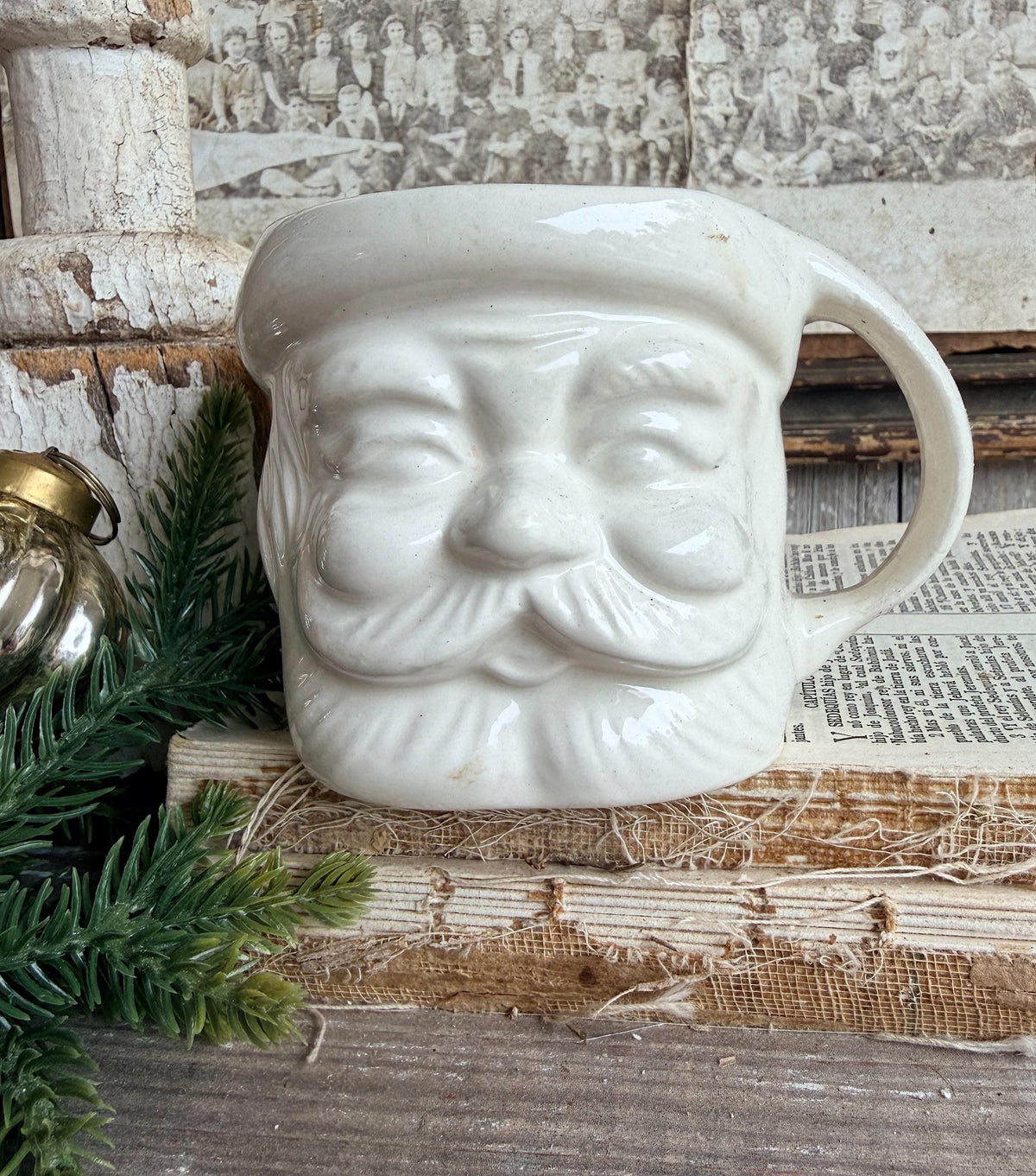 Vintage WHITE Ironstone Santa Mug FULL SIZE Cup Farmhouse Christmas Decor Japan