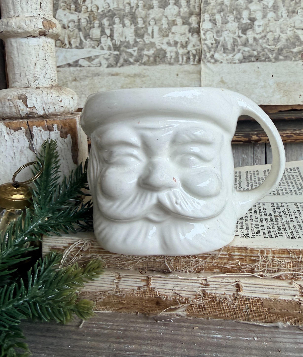 Vintage WHITE Ironstone Santa Mug FULL SIZE Cup Farmhouse Christmas Decor Japan