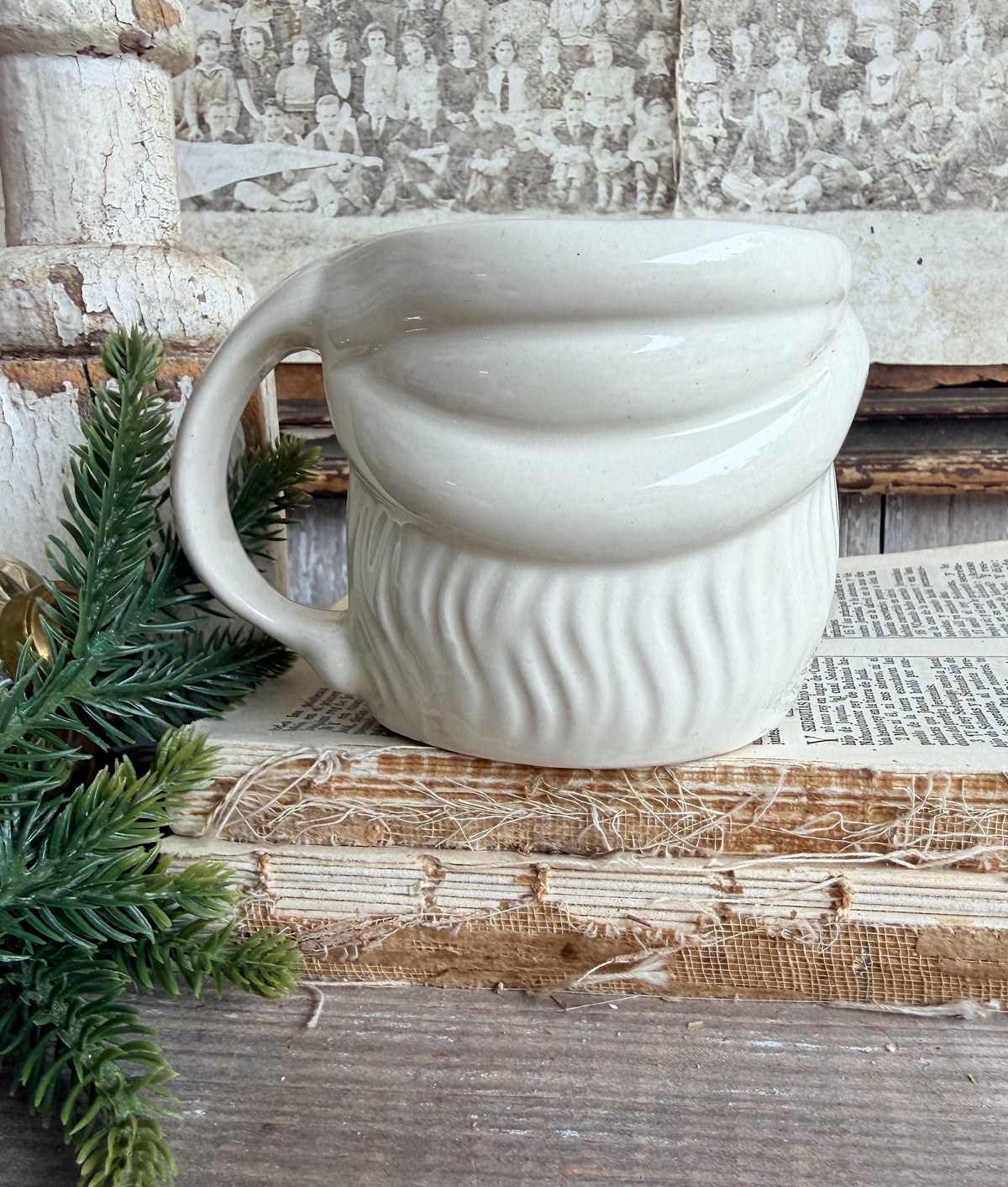 Vintage WHITE Ironstone Santa Mug FULL SIZE Cup Farmhouse Christmas Decor Japan