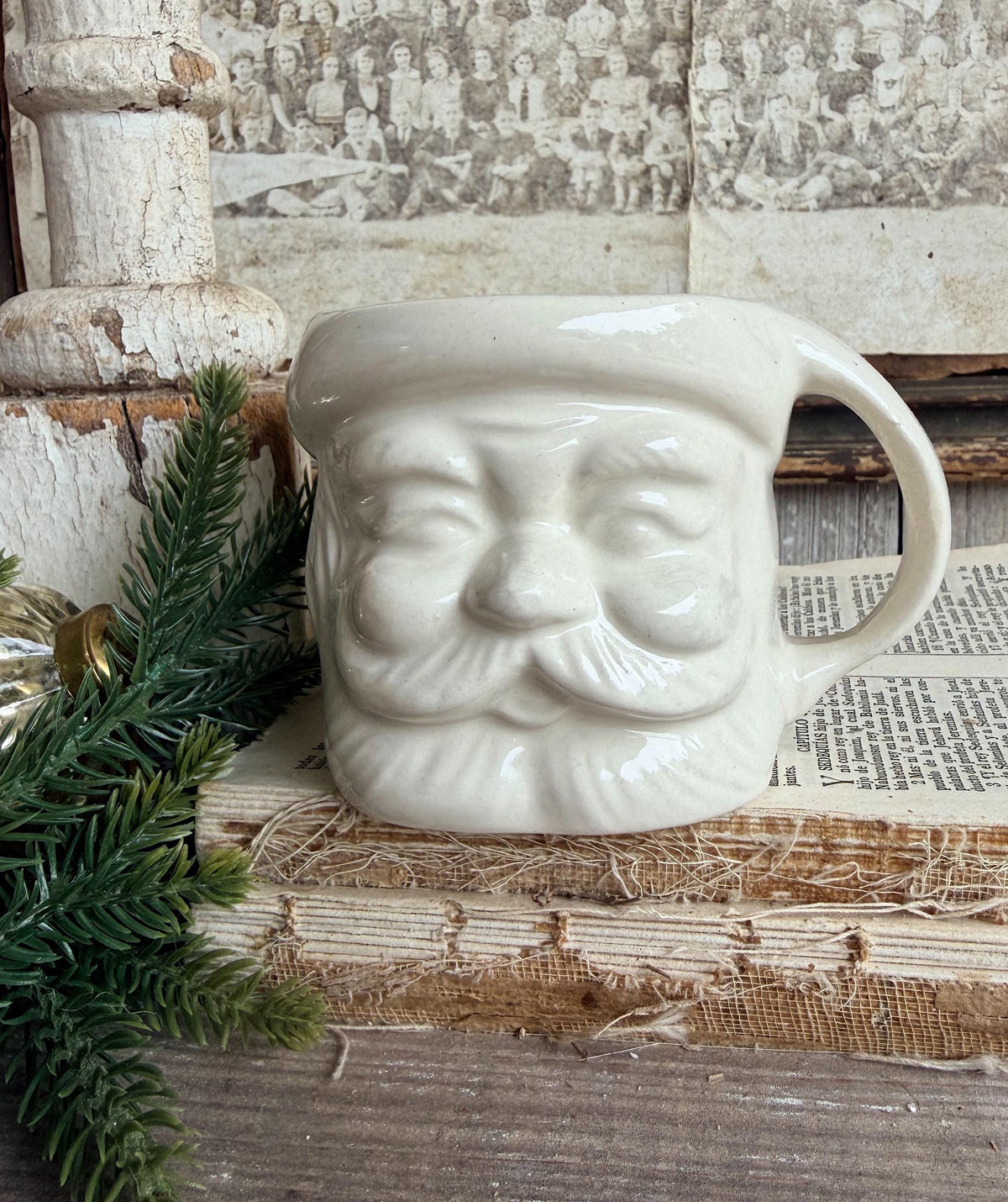 Vintage WHITE Ironstone Santa Mug FULL SIZE Cup Farmhouse Christmas Decor Japan