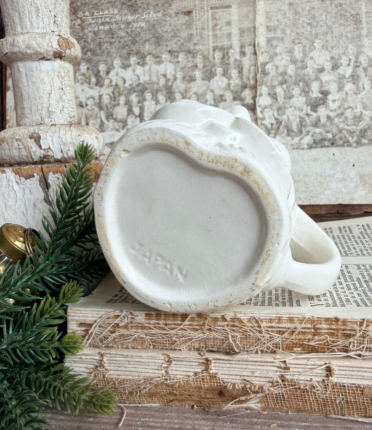 Vintage WHITE Ironstone Santa Mug FULL SIZE Cup Farmhouse Christmas Decor Japan