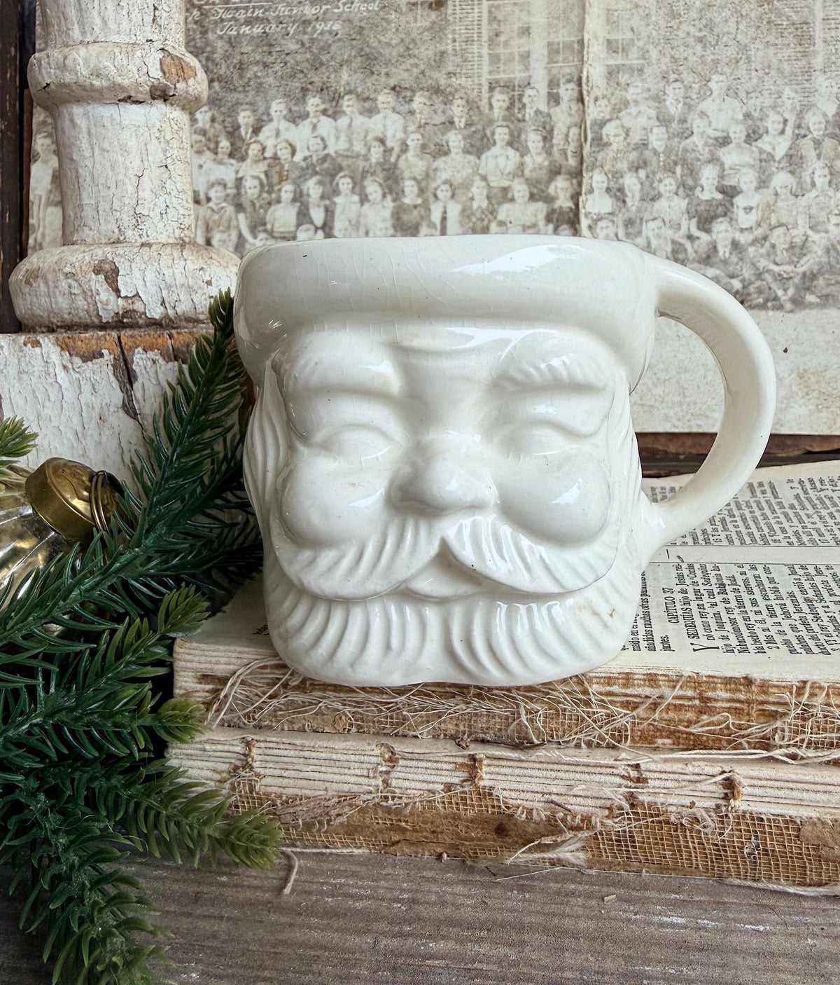 Vintage WHITE Ironstone Santa Mug FULL SIZE Cup Farmhouse Christmas Decor Japan