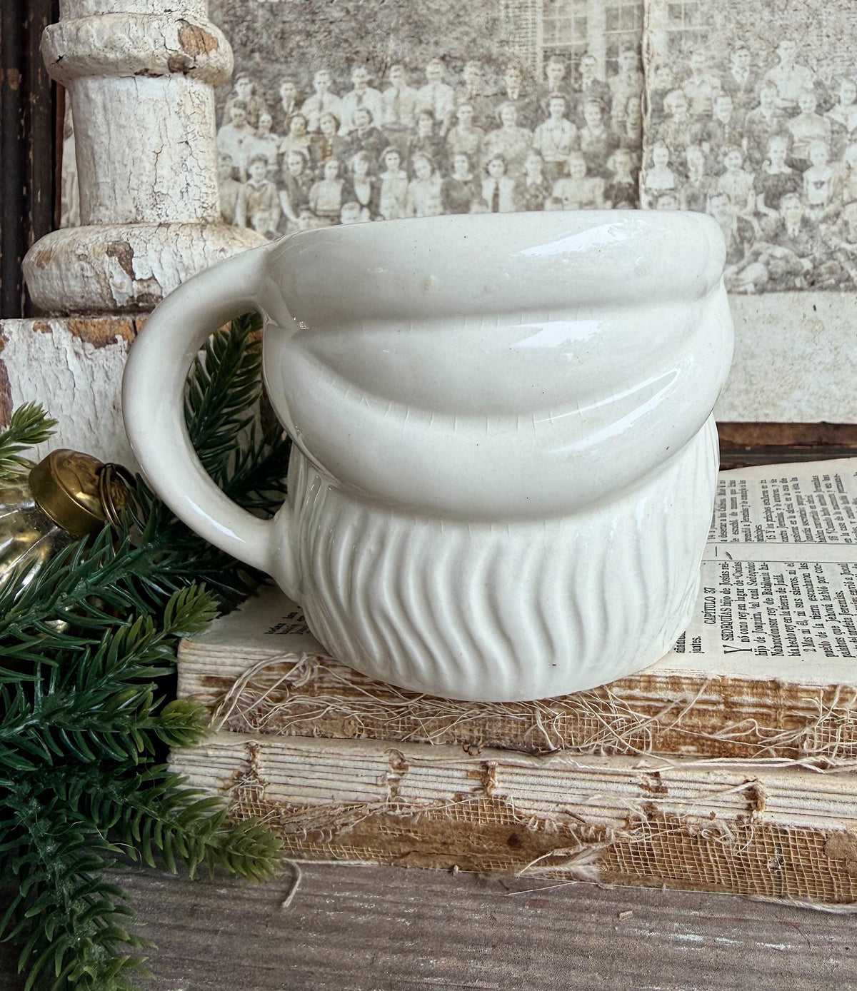 Vintage WHITE Ironstone Santa Mug FULL SIZE Cup Farmhouse Christmas Decor Japan