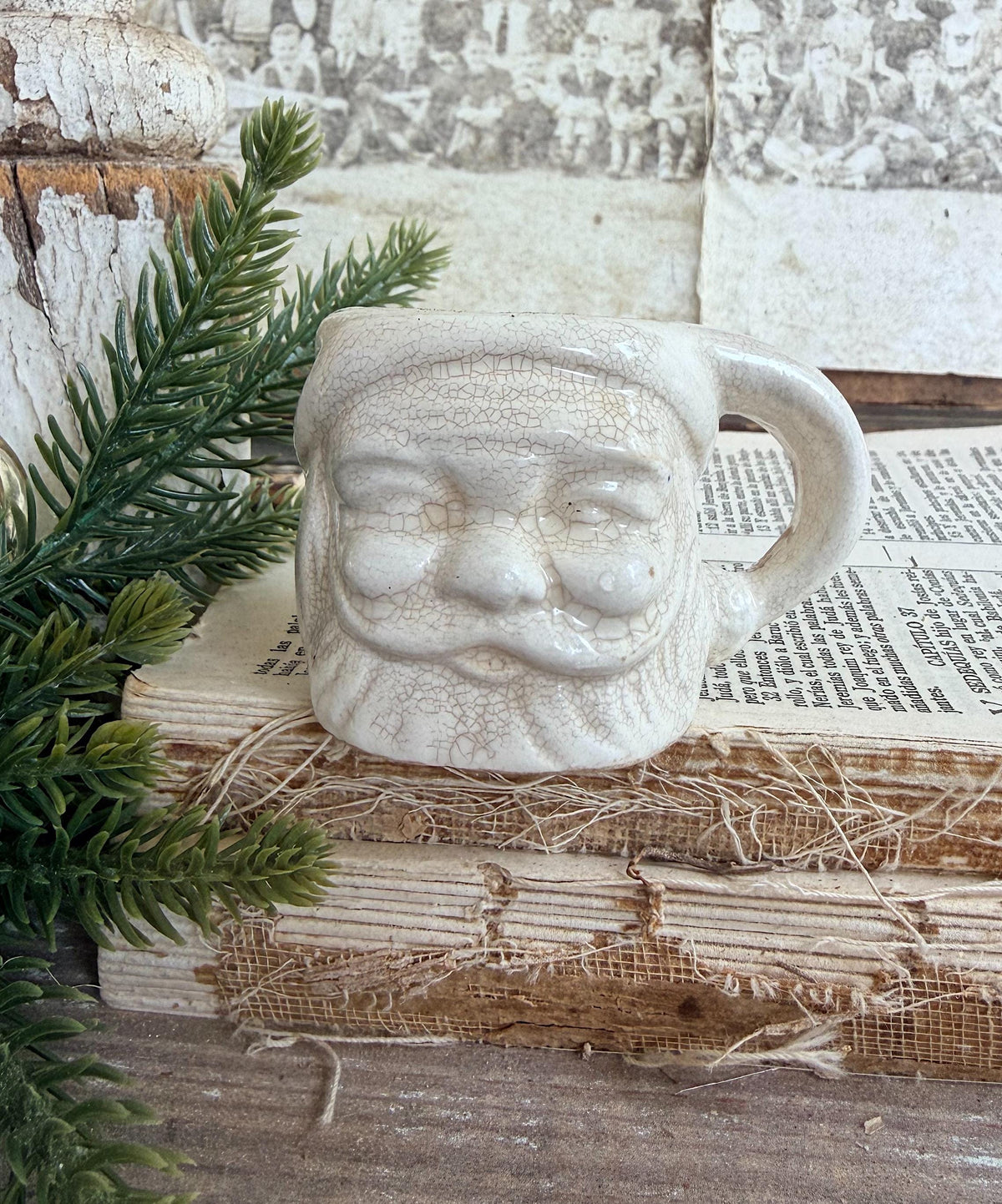 Vintage Ironstone Santa Claus Cup Mini Mug Santa Crazed Stained WHITE Farmhouse Christmas Decor JAPAN