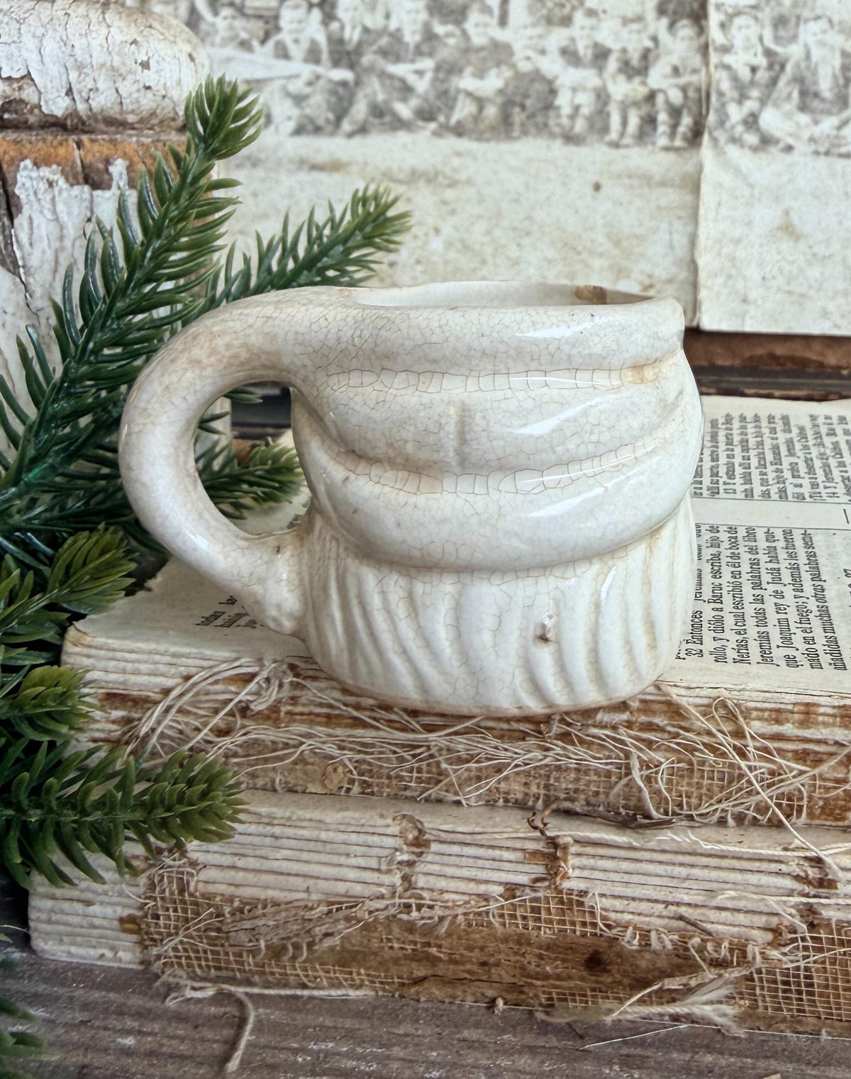 Vintage Ironstone Santa Claus Cup Mini Mug Santa Crazed Stained WHITE Farmhouse Christmas Decor JAPAN
