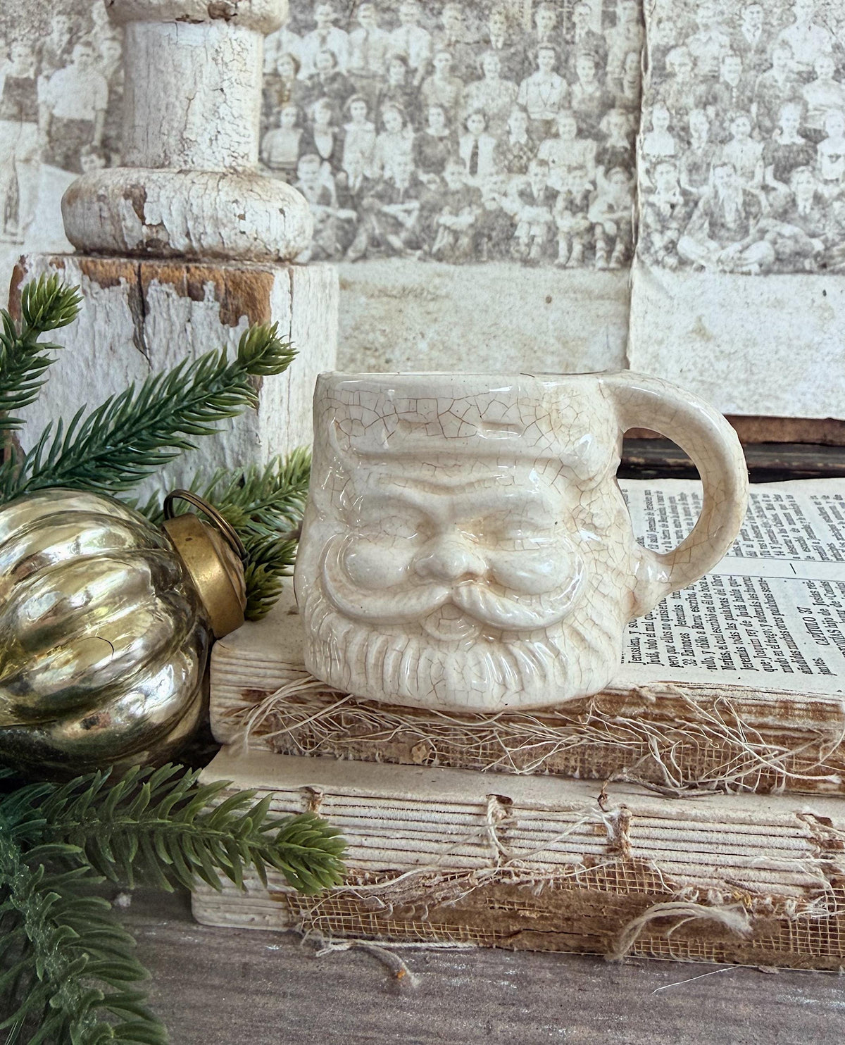 Vintage Ironstone Santa Claus Cup Mini Mug Santa Crazed Stained WHITE Farmhouse Christmas Decor JAPAN