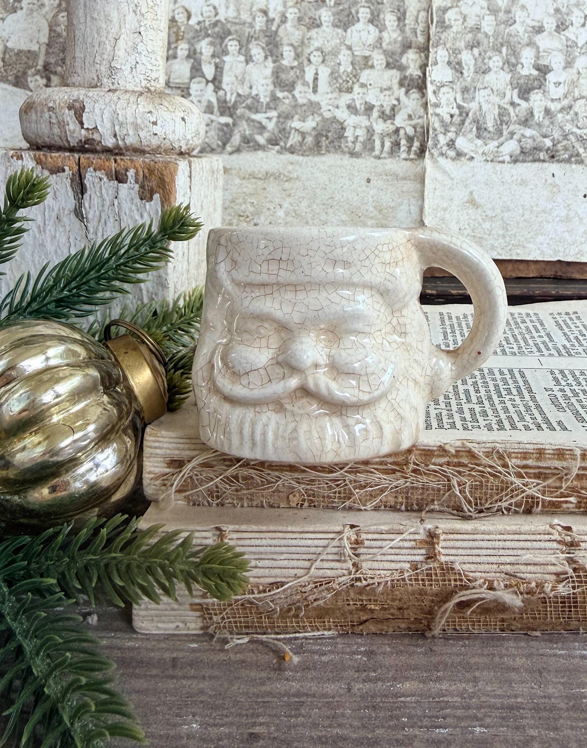 Vintage Ironstone Santa Claus Cup Mini Mug Santa Crazed Stained WHITE Farmhouse Christmas Decor JAPAN